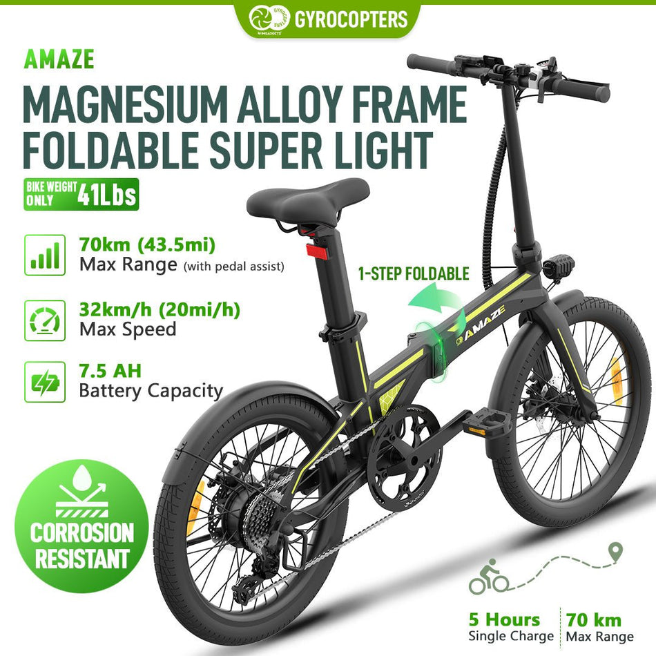 (Best Buy Only) Gyrocopters Amaze  Foldable Electric Bike, up to  70 km (43.5 mi ), PAS range by 36V battery electric bike, up to 32km/h (20 mph) speed by 420 W peak motor,  UL-2849 Approved Corrosion-resistant e bike for adults and youth