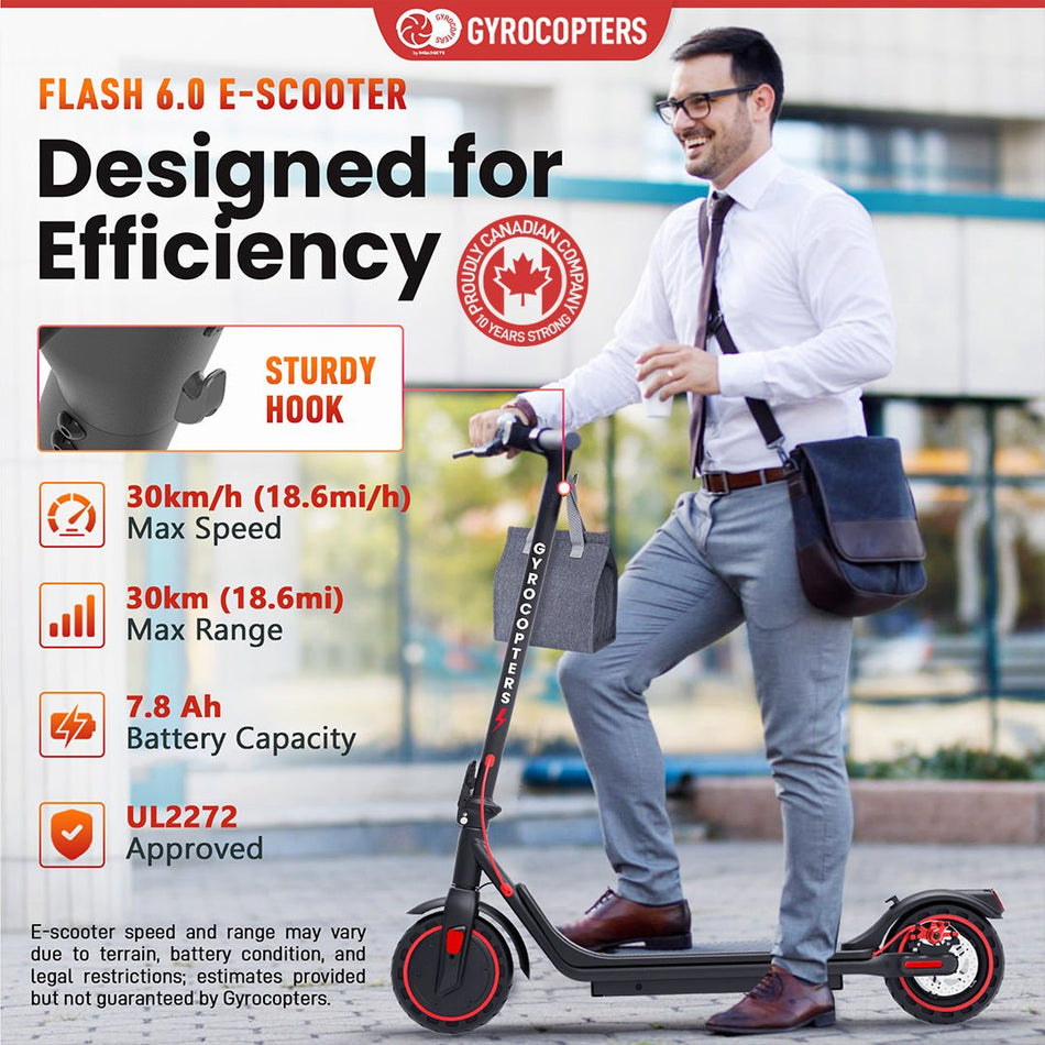 Gyrocopters Flash 6.0 Electric Scooter (2025 Model) for Adults & Teens with App | UL 2272 approved | 8.5” Burst Proof Tires | Speed 30 km/h, Range Upto 30 km | 7500 mAh Robust Battery | 350W Powerful Brushless Motor | Smart Anti Theft Lock
