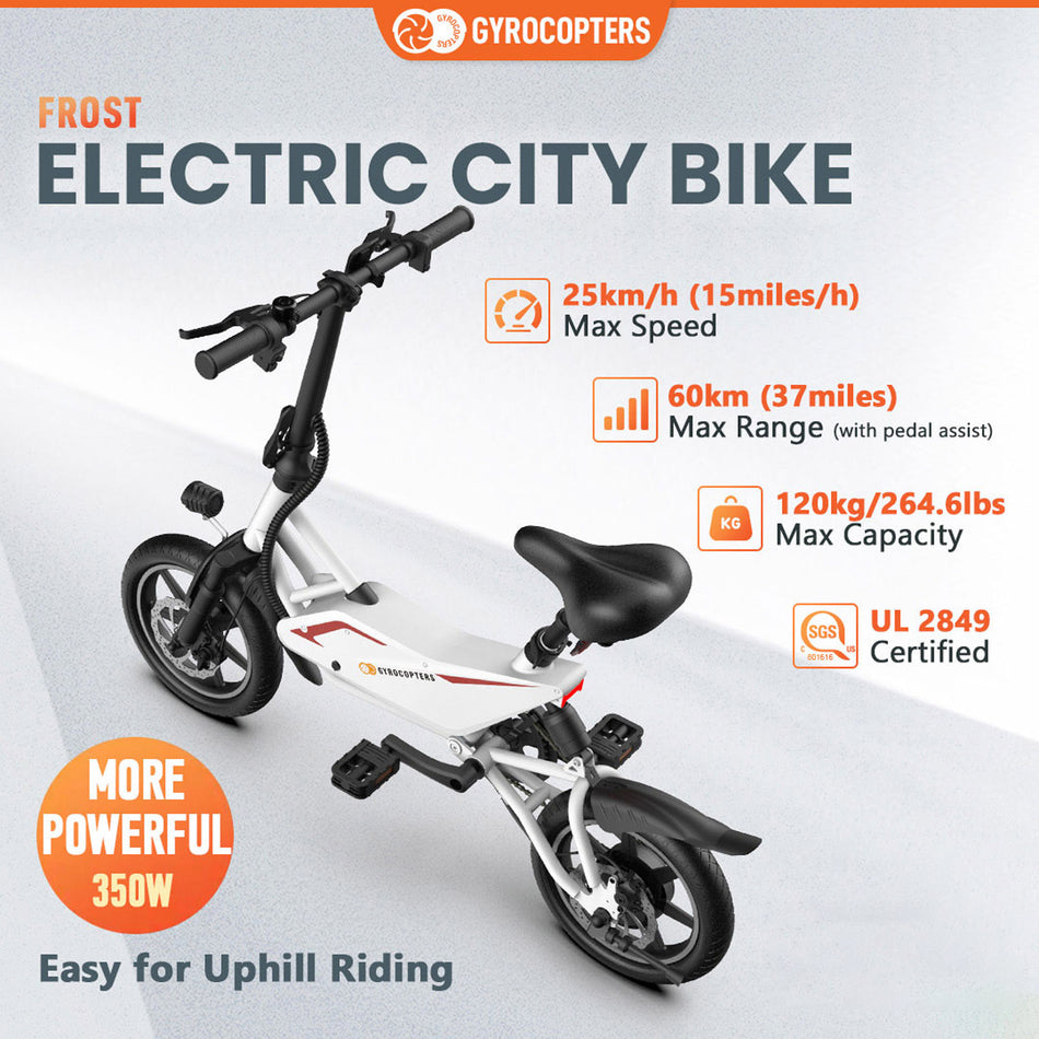 Re-certified Gyrocopters Frost Electric Bike for Adults & Teens | UL2849 Safe Folding Ebike 350W Brushless Motor | 14inch Tire Compact Bike | Speed upto 25kmph/15.5mph 36V Battery Long Range PAS up to 60km/37miles