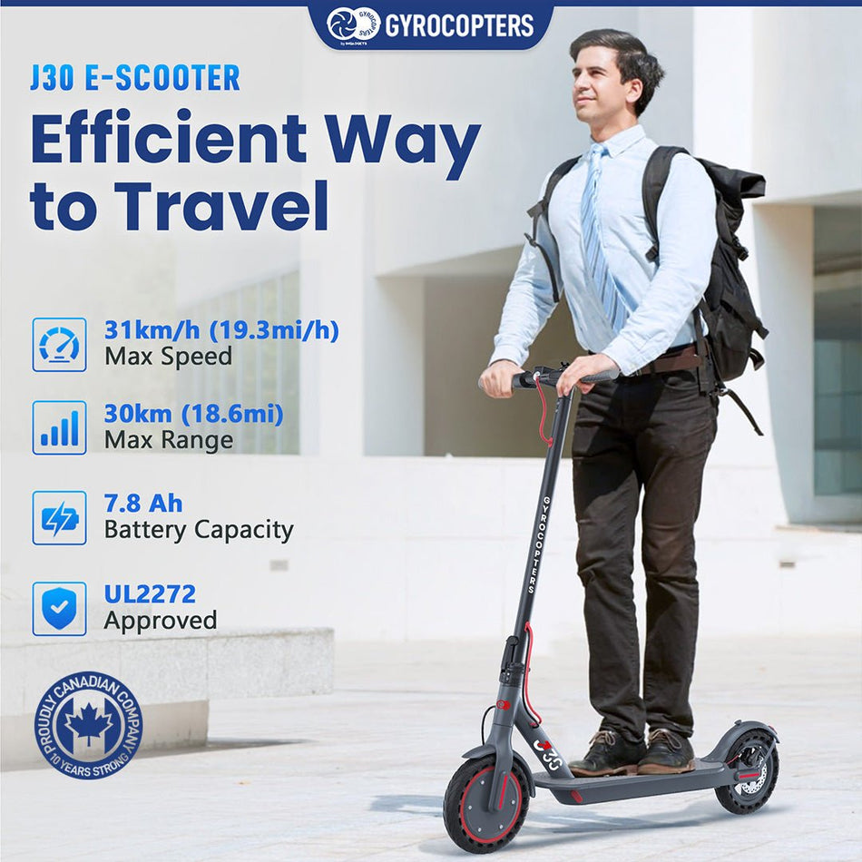 Gyrocopters J30 Electric Scooter (2025 Model) for Adults & Teens with App | UL2272 Certified | 31 km/h speed | 30 km Range | Powerful 350W Motor | Lightweight & Portable Design | 265 lbs Load capacity | Smart Anti Theft Lock