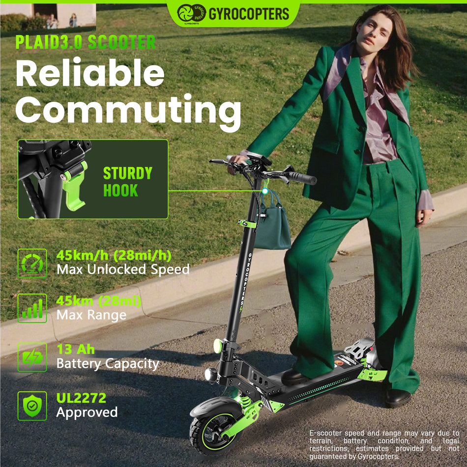 Gyrocopters Plaid 3.0 Electric Scooter for Adults & Teens | UL 2272 Approved | 10” Durable tires | Speed upto 45 km/h, Range Upto 45 km | 13 Ah Robust Battery | 850W Powerful Brushless Motor