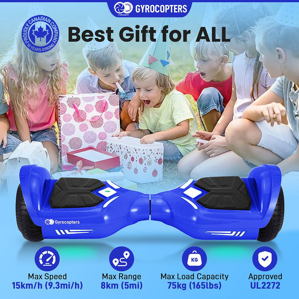 Gyrocopters Prime All New 2025 Hoverboard | Speed up to 15km/h | 300W Powerful Motor | 6.5” LED wheels | 165 lbs weight capacity | UL2272 certified with Wireless Music Speaker offering a range up to 8 km (BLUE)