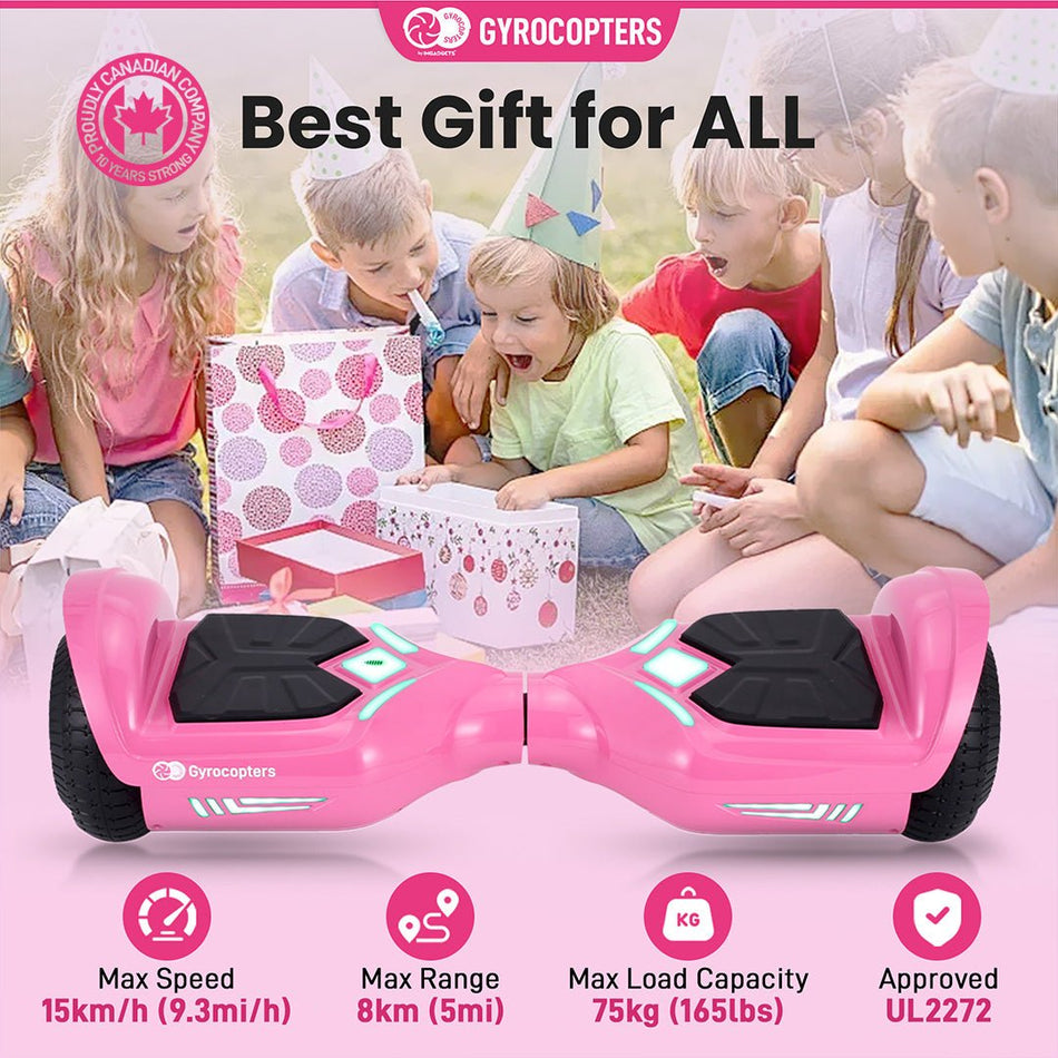 Gyrocopters Prime All New 2025 Hoverboard | Speed up to 15km/h | 300W Powerful Motor | 6.5” LED wheels | 165 lbs weight capacity | UL2272 certified with Wireless Music Speaker offering a range up to 8 km (PINK)