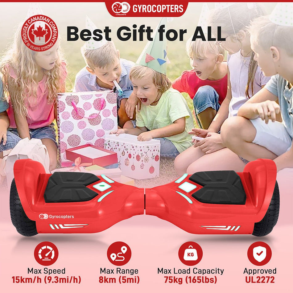 Gyrocopters Prime All New 2025 Hoverboard | Speed up to 15km/h | 300W Powerful Motor | 6.5” LED wheels | 165 lbs weight capacity | UL2272 certified with Wireless Music Speaker offering a range up to 8 km (RED)