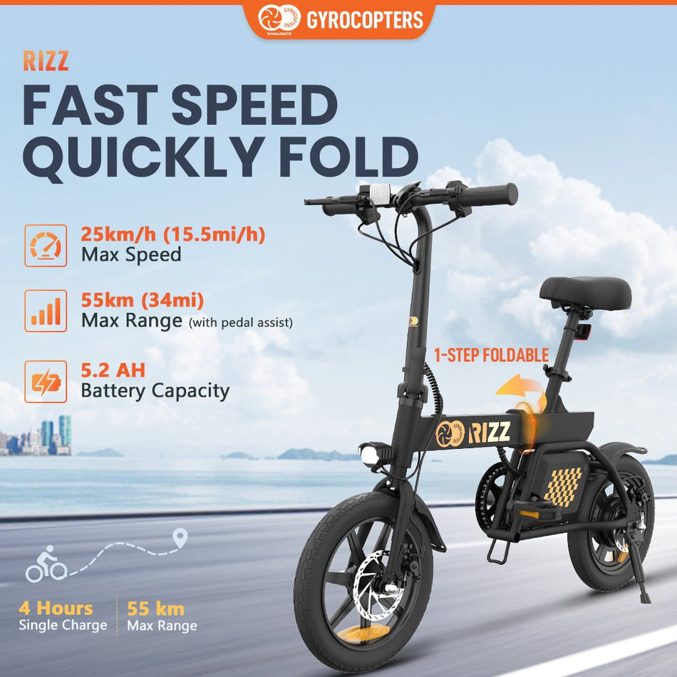 Gyrocopters Rizz Foldable Electric Bike, up to  55 km ( 34 mi) PAS range by 36V battery electric bike, up to 25km/h (15.5 mph) speed by 350 W motor,  UL-2849 safety approved ebikes for adults/ youth, ebikes for adults with 3 riding modes