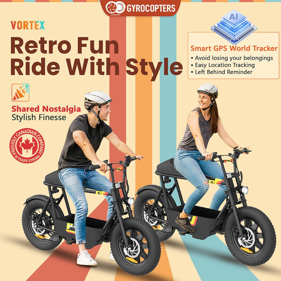 Gyrocopters Vortex Electric Scooter for Adults | UL2272 Safe Ebike | 470W Peak Motor 16 * 3 Inch Wear Resistant Fat Tires | Speed Upto 32 km/h | Range Upto 28 km | Retro Fun E-Bike with Large Storage & GPS Tracker