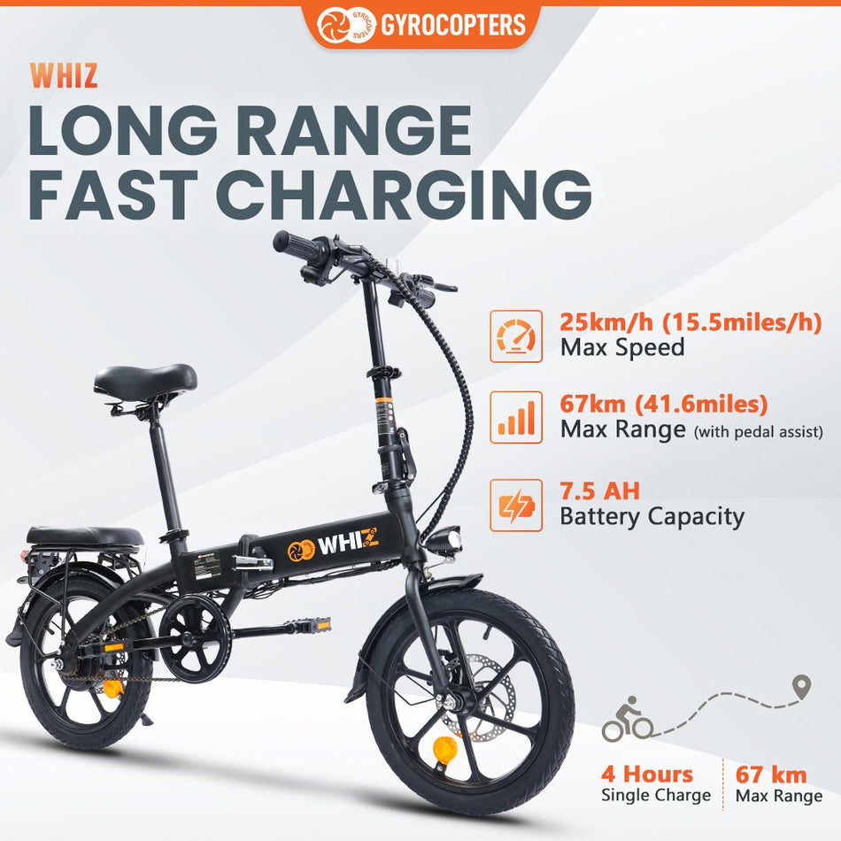 Gyrocopters Whiz Foldable Electric Bike |  3-Stage Fold Compact e-bike | 350 W Motor |Speed up to 25kmh |Range up to 40 km |2-Riding modes |Dual disk brakes| UL2849 Safe Folding Ebike