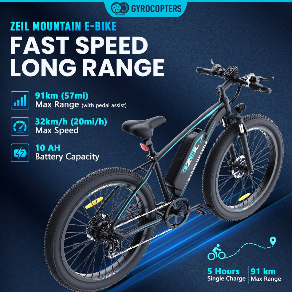 (PRE-ORDER) Gyrocopters Zeil Mountain E- Bike for adults with 500 W Motor  | 27.5* 3” tires| Speed up to 32km/h (20 mph) | PAS Range up to 91 km ( 57mi )| 480 WH Removable Battery| Dual Disk Brakes & Front fork Suspension |Shimano 7| UL-2849 approved