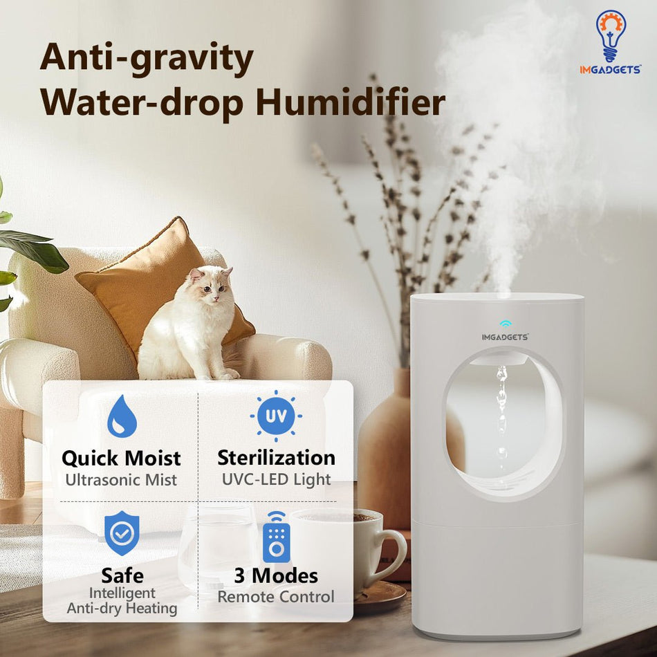 IMGadgets Anti-Gravity water drop Humidifier -1000 ml capacity. Quiet Ultrasonic Air Humidifier for Indoor Plants, Baby Nursery, Large Room, and Home Office Desk.