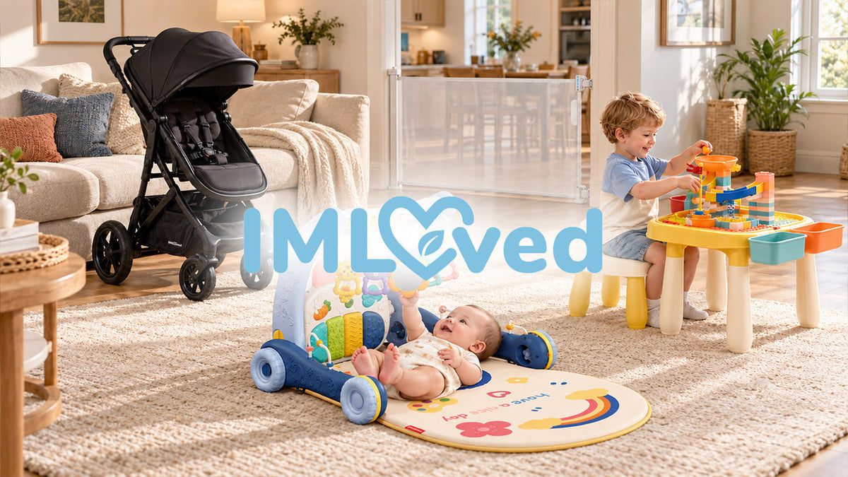Baby Stroller, Baby Play Mat, Baby Gate, and Kids Table and Chair Set in a living room.