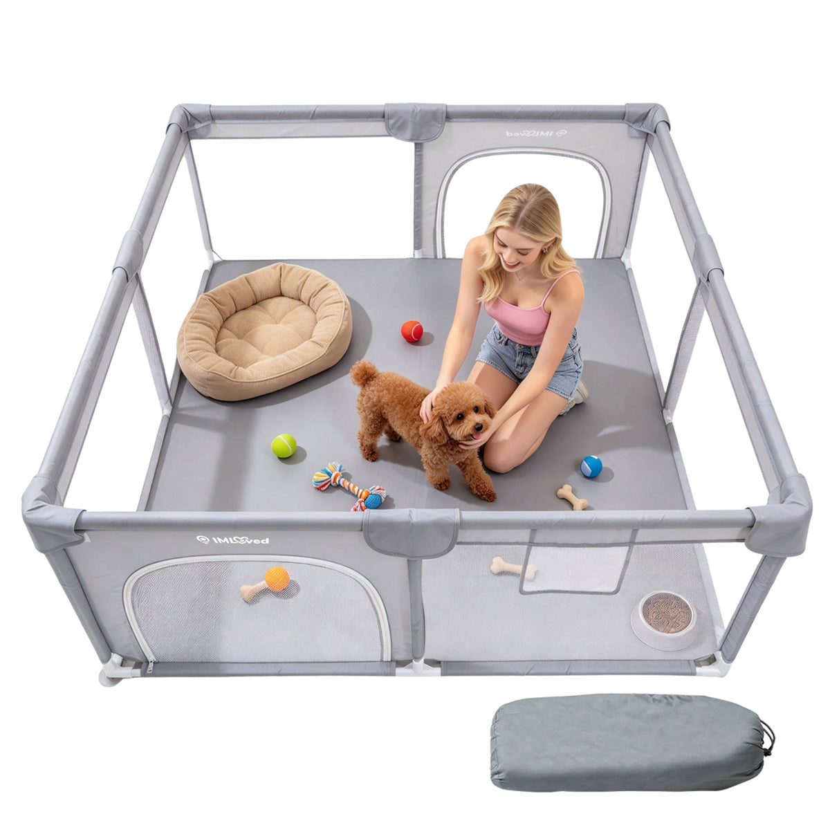 IMLoved Dual Zipper Doors Pet Playpen - 360° Breathable Mesh