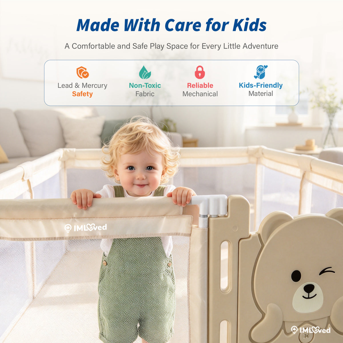 IMLoved Bear Gate Baby Playpen - Large 71" x 59" - 360° Breathable Mesh