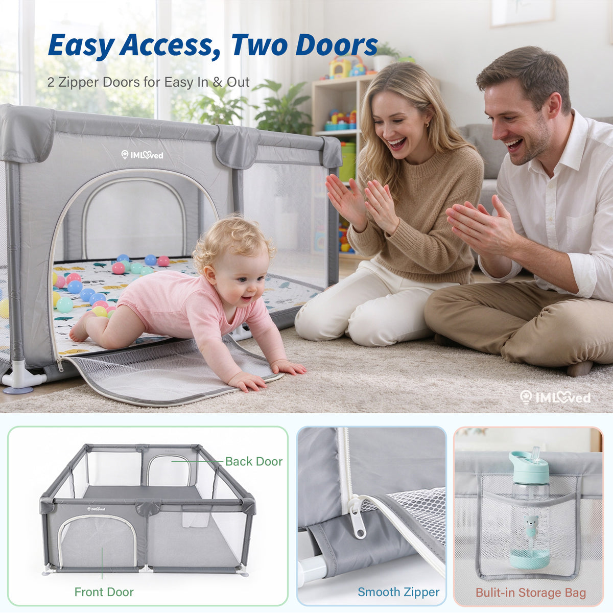 IMLoved Baby Playpen with Mat - 360° Breathable Mesh & Latching Zipper Door