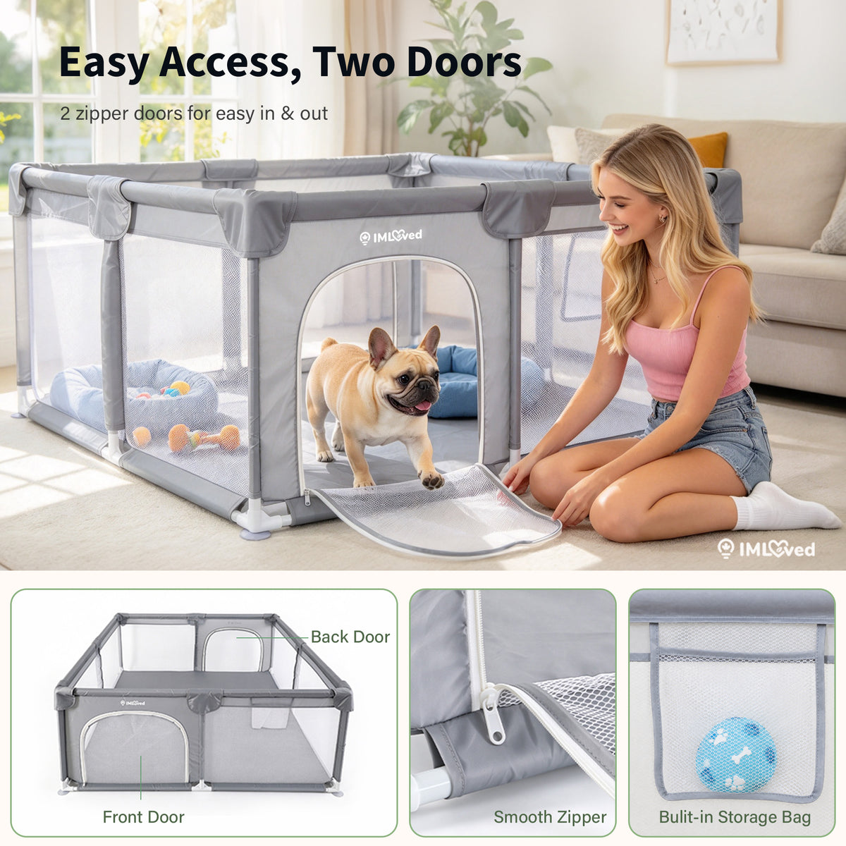 IMLoved Dual Zipper Doors Pet Playpen - 360° Breathable Mesh
