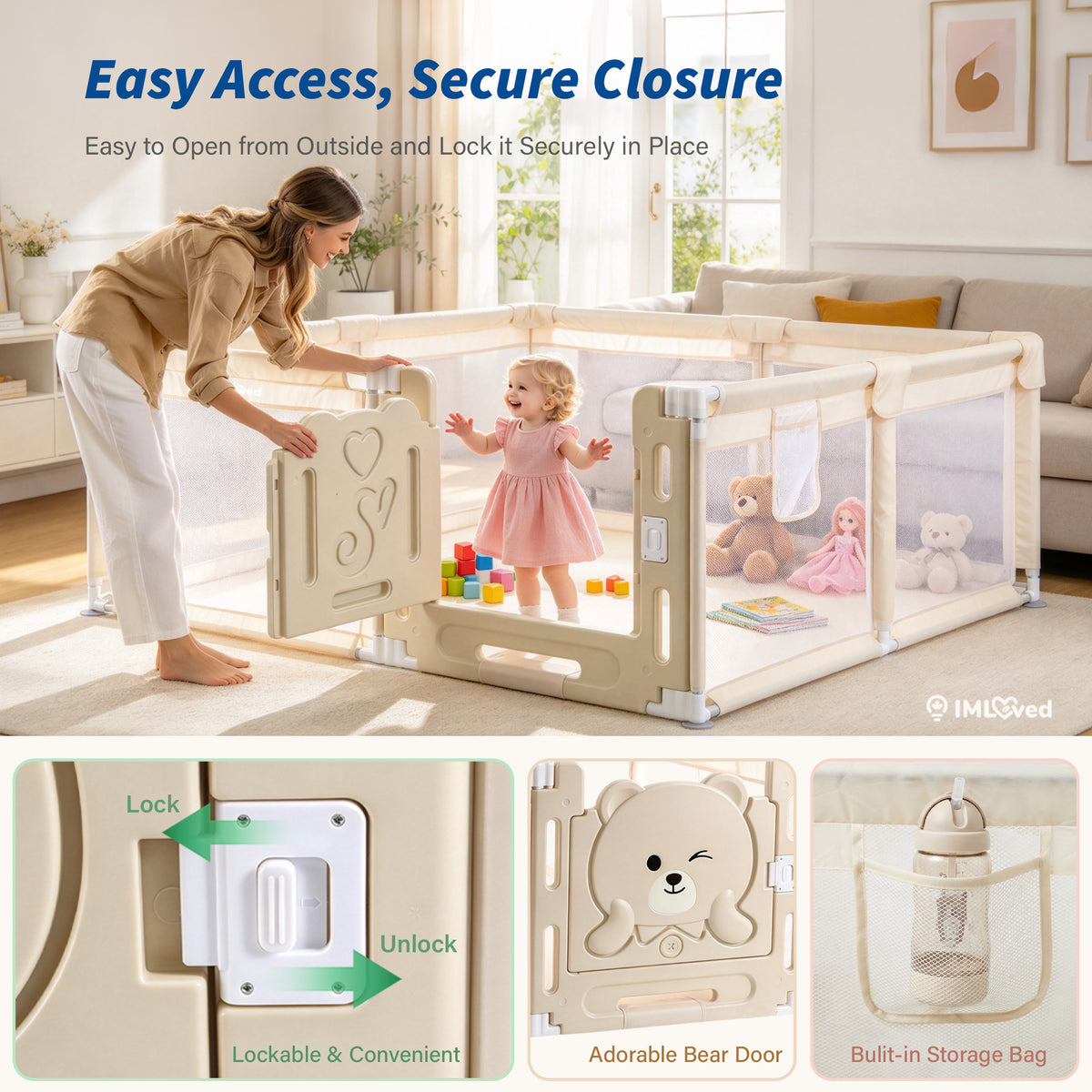 IMLoved Bear Gate Baby Playpen - Large 71" x 59" - 360° Breathable Mesh