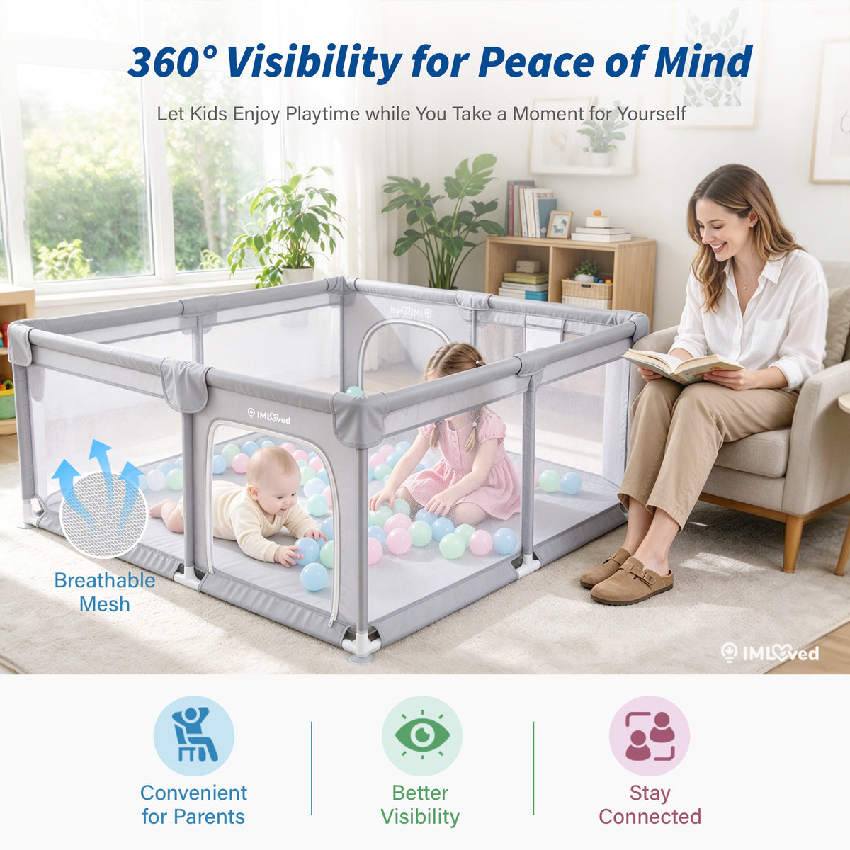 IMLoved Baby Playpen - 360° Breathable Mesh & Latching Zipper Door