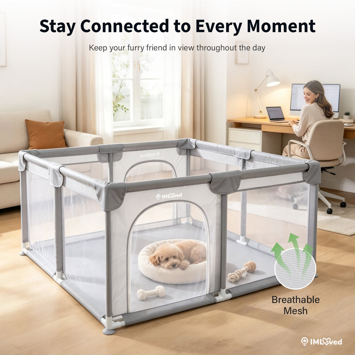 IMLoved Dual Zipper Doors Pet Playpen - 360° Breathable Mesh