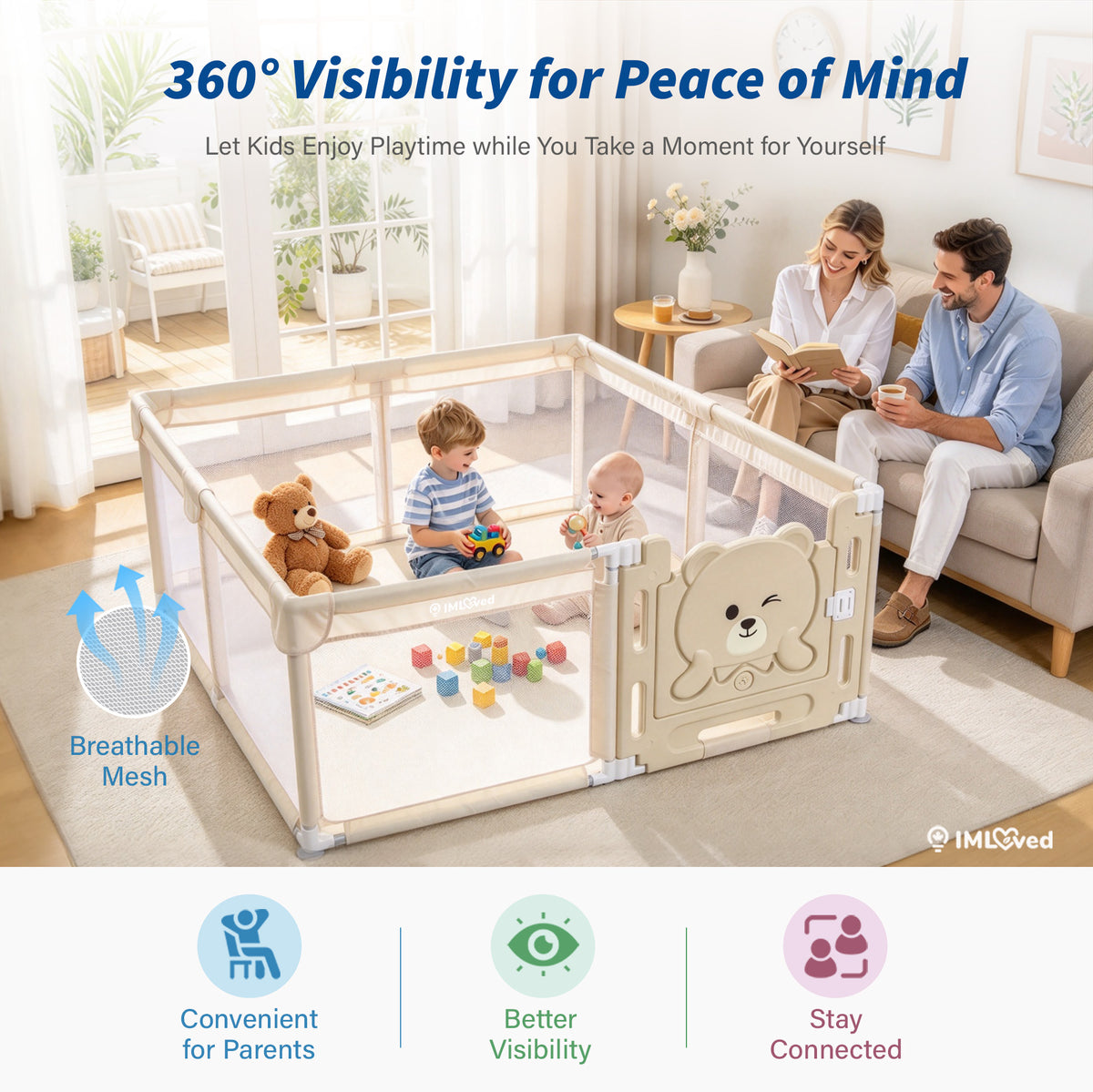 IMLoved Bear Gate Baby Playpen - Large 71" x 59" - 360° Breathable Mesh