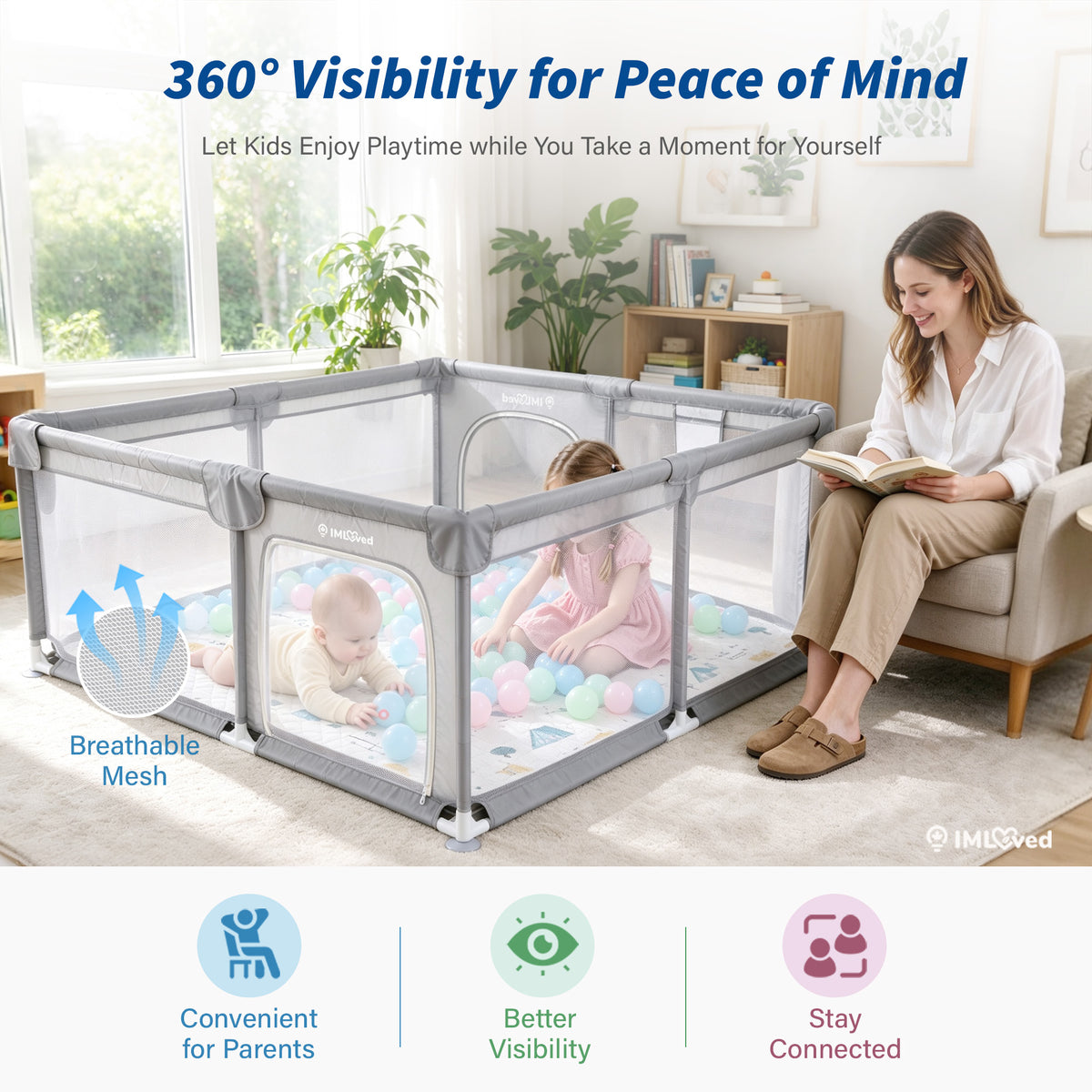 IMLoved Baby Playpen with Mat - 360° Breathable Mesh & Latching Zipper Door