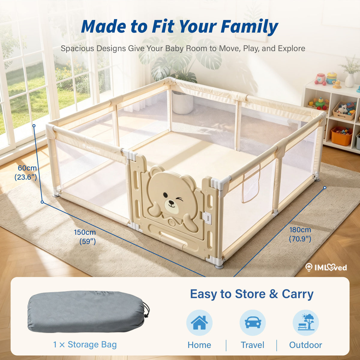 IMLoved Bear Gate Baby Playpen - Large 71" x 59" - 360° Breathable Mesh