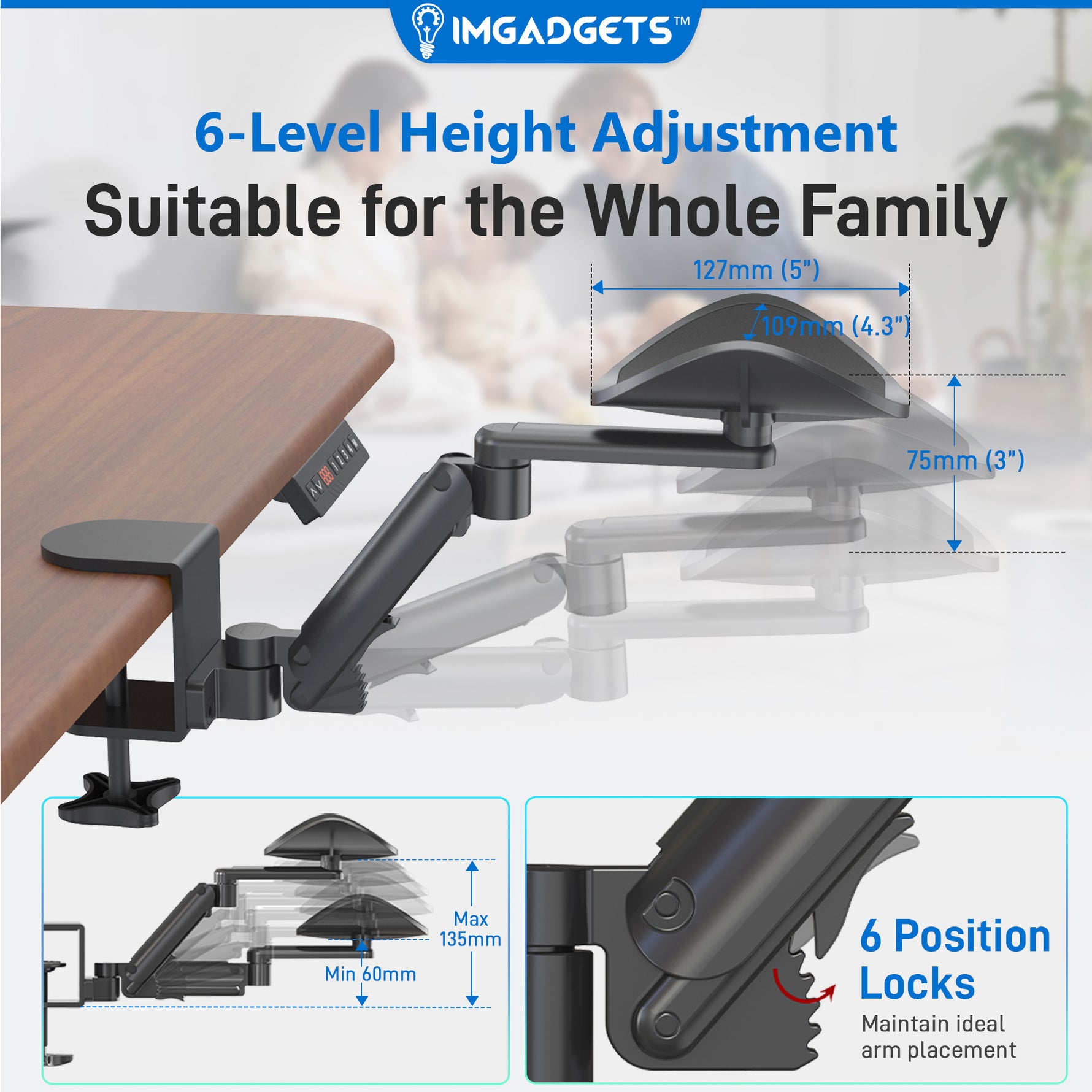 Accoudoir pivotant réglable à fixation par pince avec rotation à 360° | Idéal pour le travail et les jeux | Soutien ergonomique | Installation facile | Capacité de charge : 12 kg | Robuste et durable, fabriqué en acier allié 