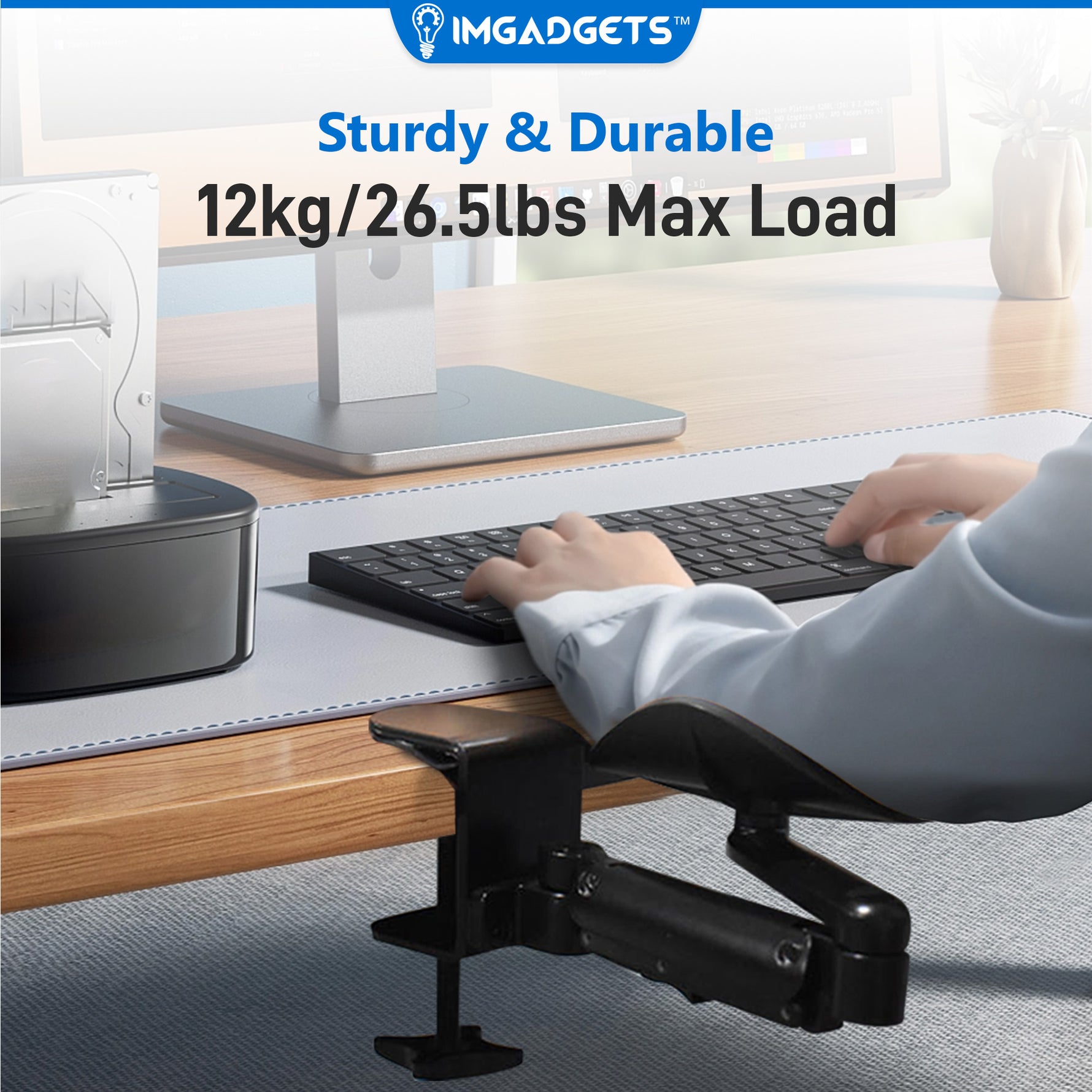 Accoudoir pivotant réglable à fixation par pince avec rotation à 360° | Idéal pour le travail et les jeux | Soutien ergonomique | Installation facile | Capacité de charge : 12 kg | Robuste et durable, fabriqué en acier allié 