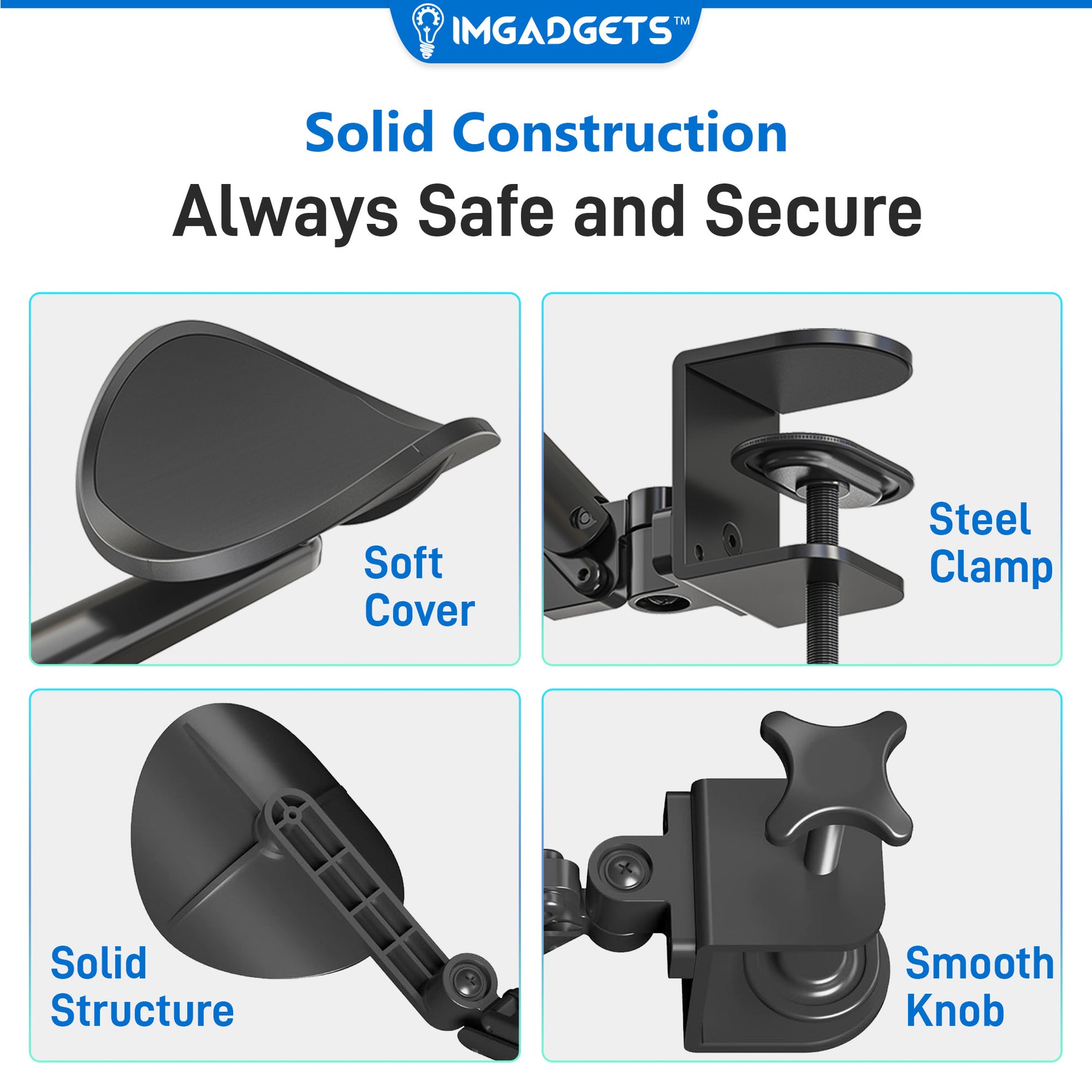 Accoudoir pivotant réglable à fixation par pince avec rotation à 360° | Idéal pour le travail et les jeux | Soutien ergonomique | Installation facile | Capacité de charge : 12 kg | Robuste et durable, fabriqué en acier allié 