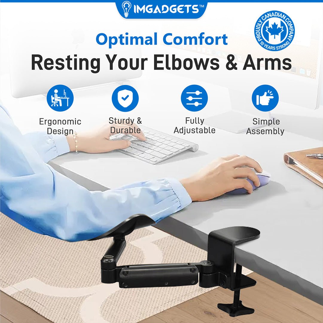 Accoudoir pivotant réglable à fixation par pince avec rotation à 360° | Idéal pour le travail et les jeux | Soutien ergonomique | Installation facile | Capacité de charge : 12 kg | Robuste et durable, fabriqué en acier allié 