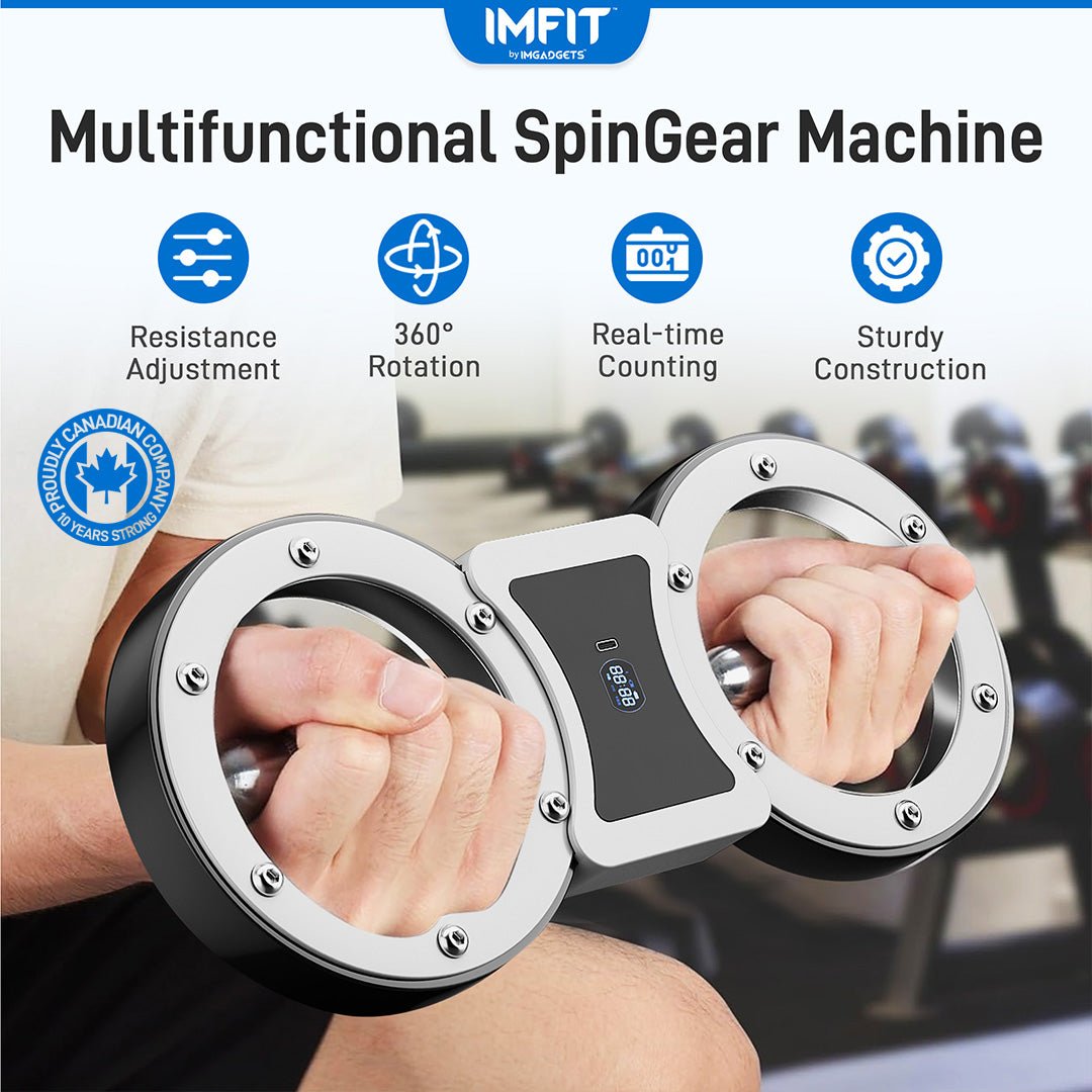 Appareil de rotation multifonctionnel IMFIT SpinGear | Conception à double bras | Résistance réglable (1-12 lbs) | Rotation à 360° | Poignées antidérapantes | Suivi en temps réel | Acier inoxydable durable | Compact et portable | Écran LCD 