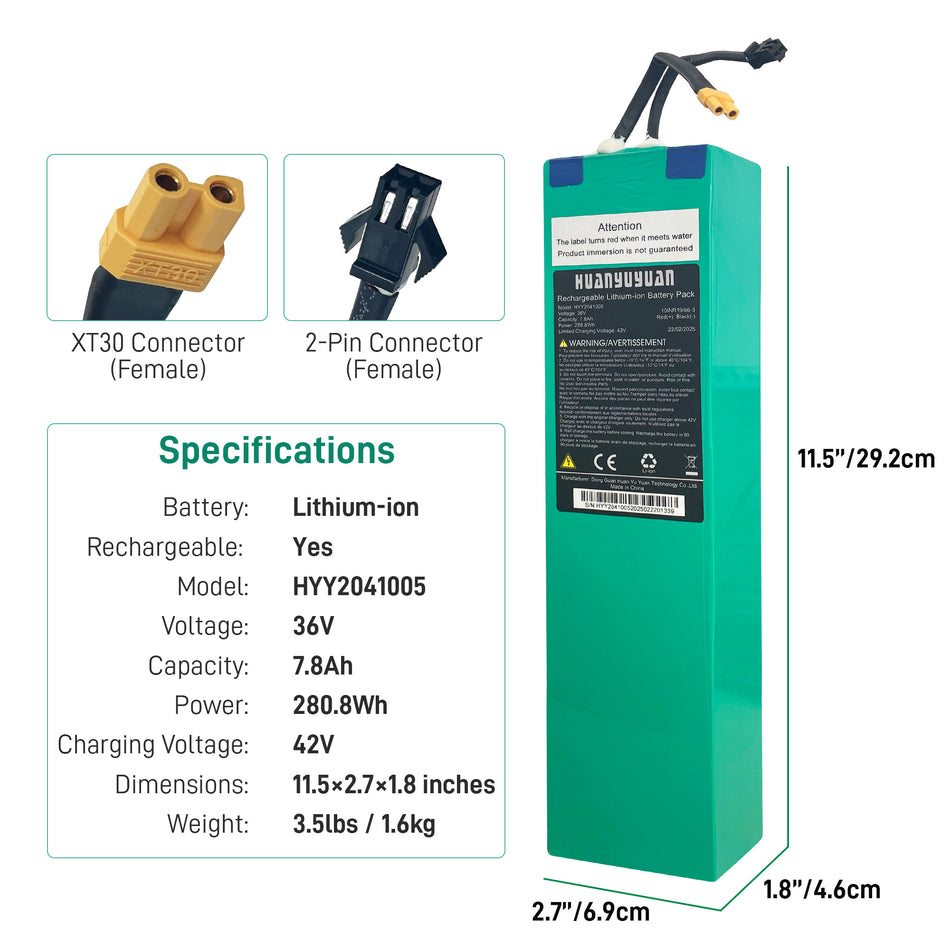 Huanyuyuan 36V 7.8Ah Rechargeable Lithium-ion Battery Pack | 280.8Wh High-Capacity Power | CE & RoHS Certified | Safe, Efficient Charging | Compatible with 36V E-Bikes, Scooters & Mobility Devices | Durable, Lightweight & Portable | Long-Lasting Backup
