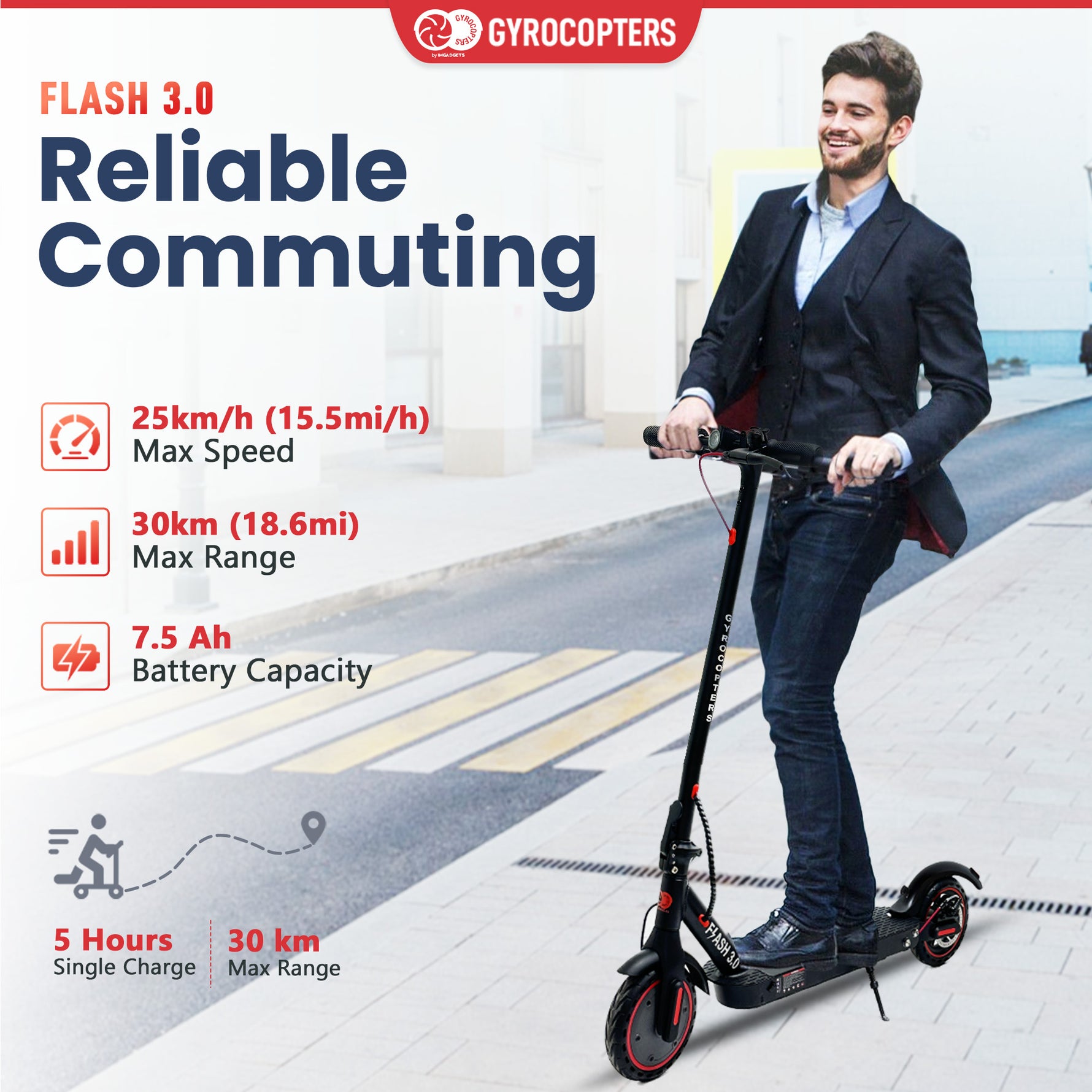 Trottinette électrique portable Gyrocopters Flash 3.0 reconditionnée, avec double suspension arrière, pneus increvables, batterie robuste 37 V/7500 mAh, puissant moteur sans balais de 350 W, régulateur de vitesse et pliable. Vitesse maximale : 25 km/h. 