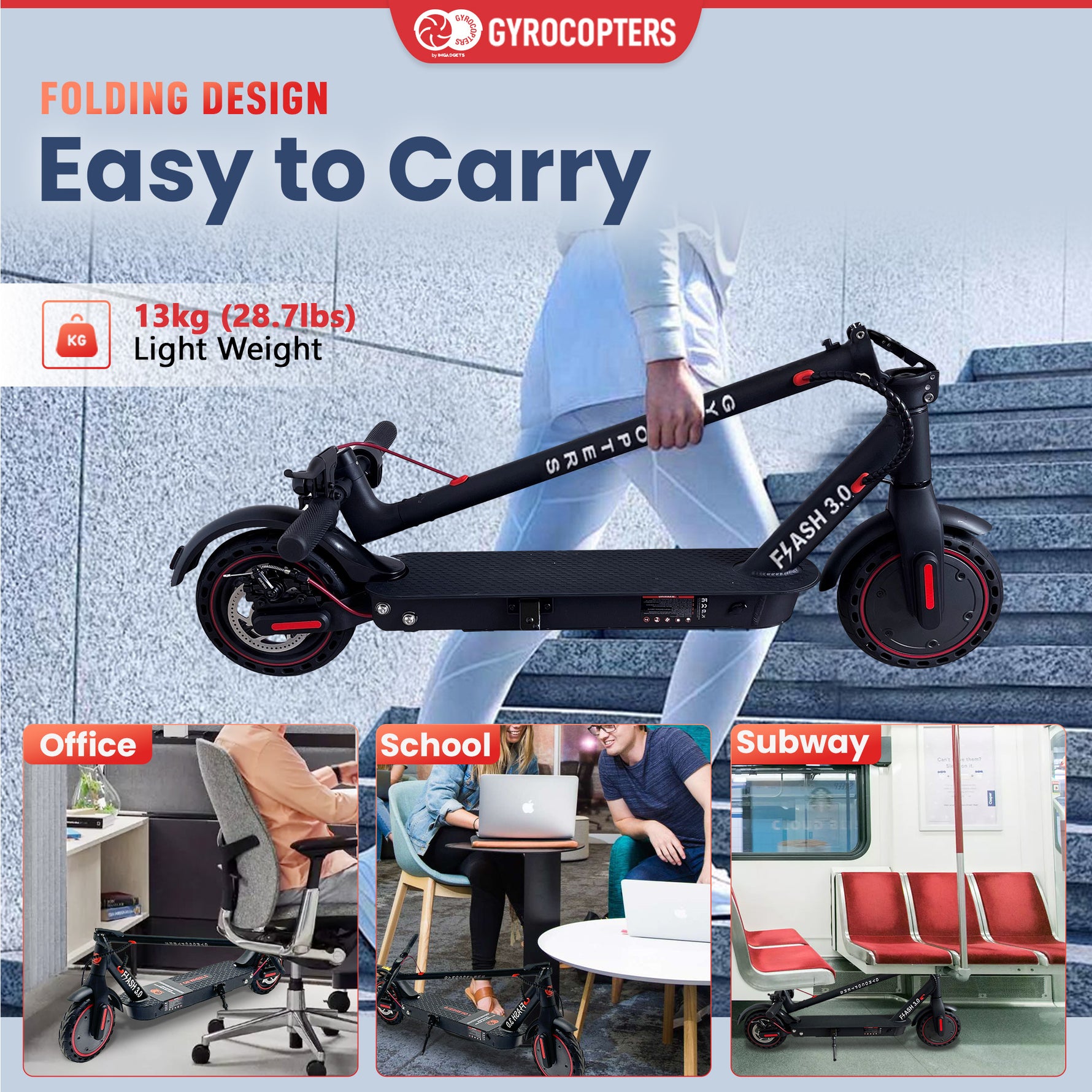 Trottinette électrique portable Gyrocopters Flash 3.0 reconditionnée, avec double suspension arrière, pneus increvables, batterie robuste 37 V/7500 mAh, puissant moteur sans balais de 350 W, régulateur de vitesse et pliable. Vitesse maximale : 25 km/h. 