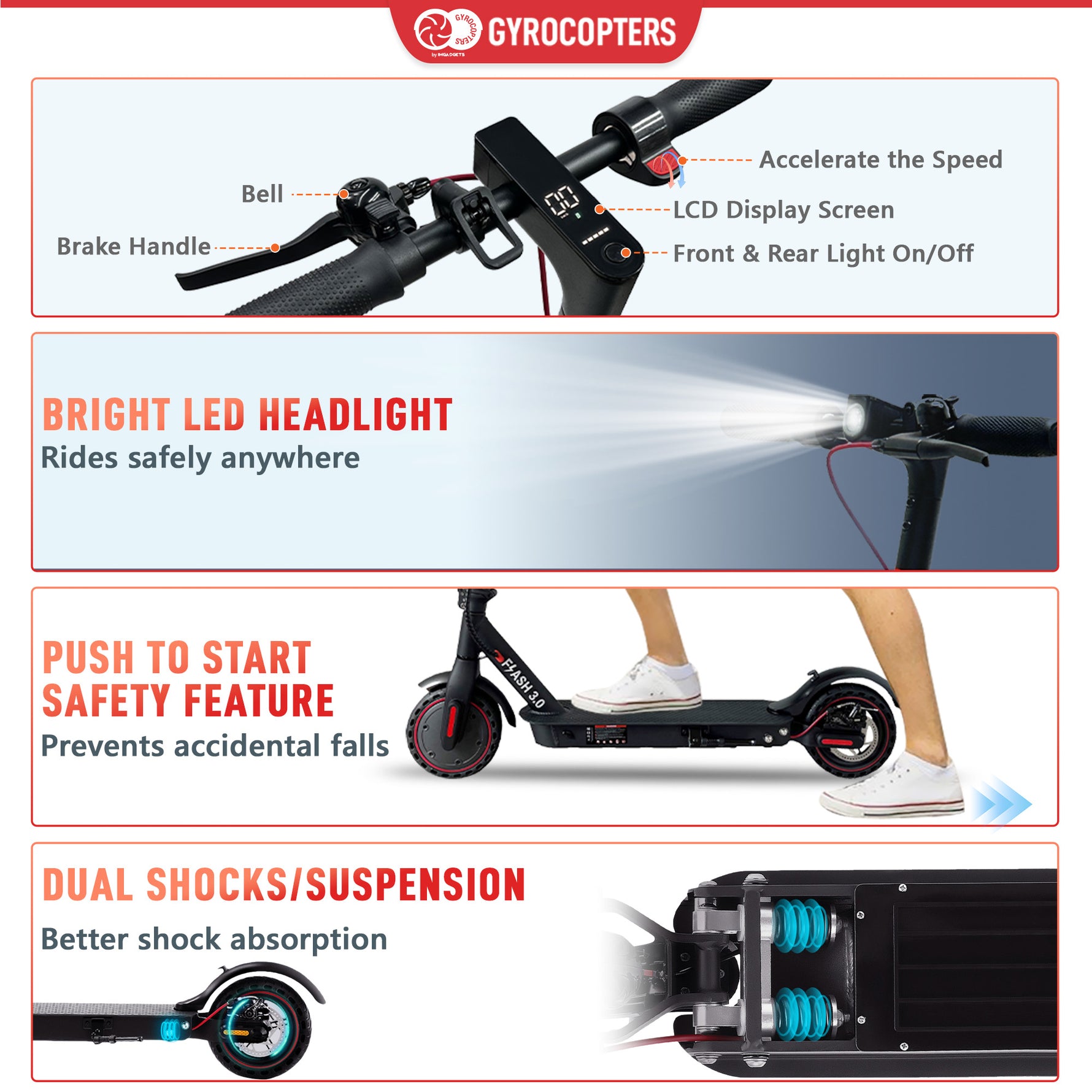 Trottinette électrique portable Gyrocopters Flash 3.0 reconditionnée, avec double suspension arrière, pneus increvables, batterie robuste 37 V/7500 mAh, puissant moteur sans balais de 350 W, régulateur de vitesse et pliable. Vitesse maximale : 25 km/h. 