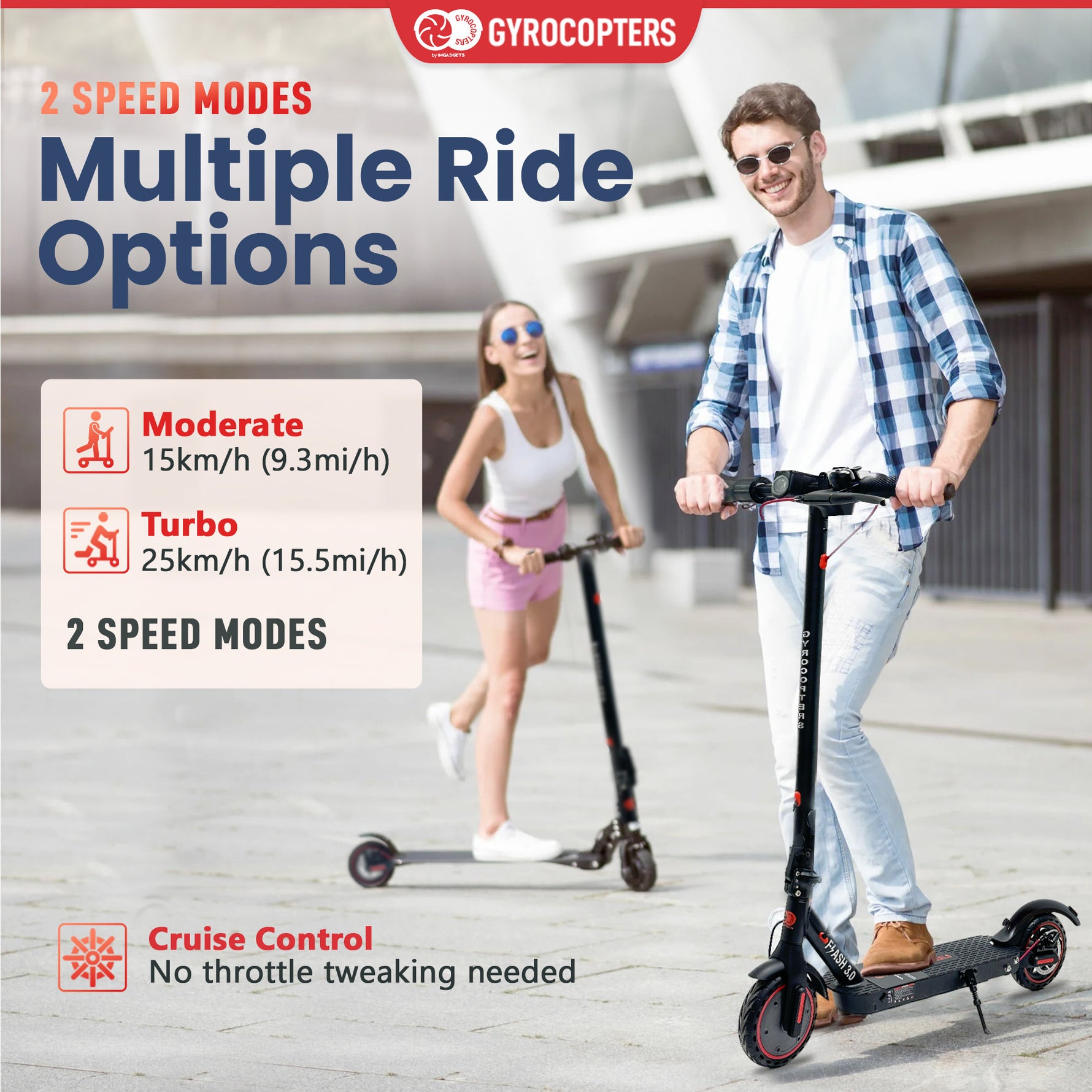 Trottinette électrique portable Gyrocopters Flash 3.0 reconditionnée, avec double suspension arrière, pneus increvables, batterie robuste 37 V/7500 mAh, puissant moteur sans balais de 350 W, régulateur de vitesse et pliable. Vitesse maximale : 25 km/h. 