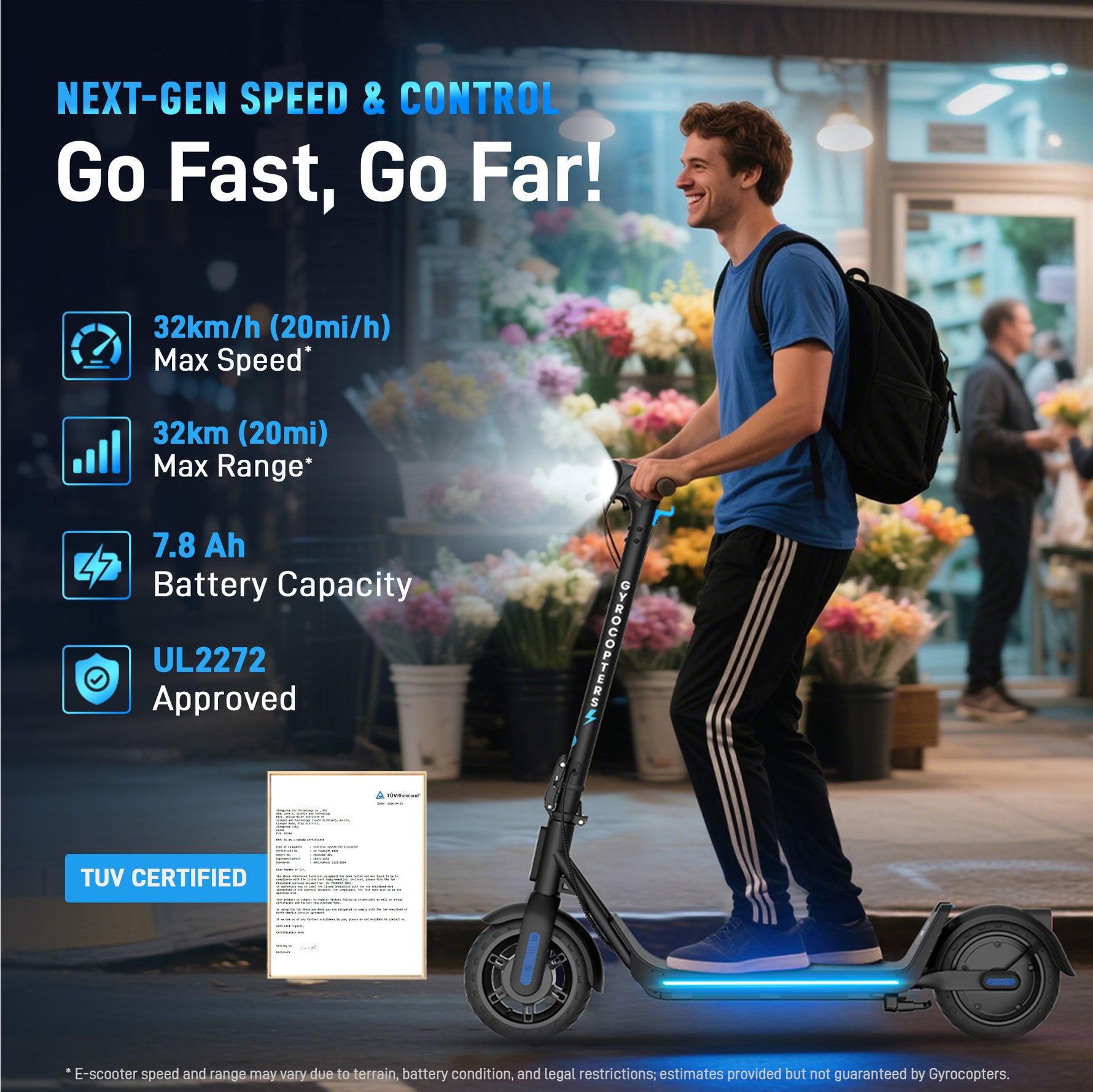 Trottinette électrique Gyrocopters FlashX | Propulsion arrière puissante, vitesse maximale de 32 km/h | Autonomie de 32 km | Homologuée UL2272 | Contrôle via application intelligente | Pliable et légère | Pneus increvables | Régulateur de vitesse 