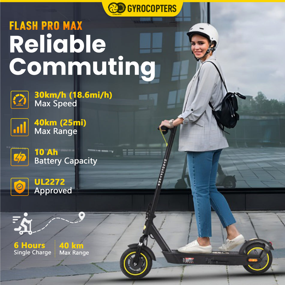 Gyrocopters Flash Pro Max Portable Electric Scooter for Adults Speed 30km/h Long Range up to 40 Kms with 500W Powerful Brushless Motor, Solid 10” Tires, Suspension | App-Enabled E Scooter