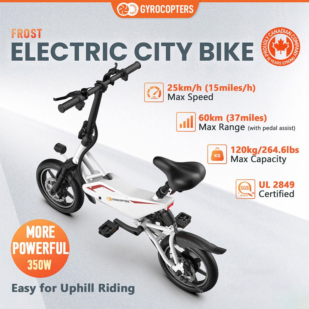 Gyrocopters Frost Foldable Electric City Bike - 350W, UL2849 Certified, 60km Range