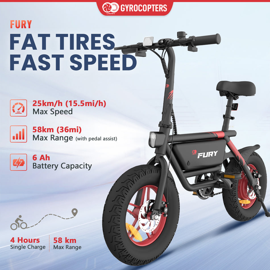 Gyrocopters Fury  Fat Tire  Electric Bike, up to  58km (36 mi) PAS range, 216 Wh battery electric bike, up to 25km/h (15.5 mph) speed by 400 W peak motor,  UL-2849 safety approved ebikes for adults/ youth with 3 riding modes & LCD Display