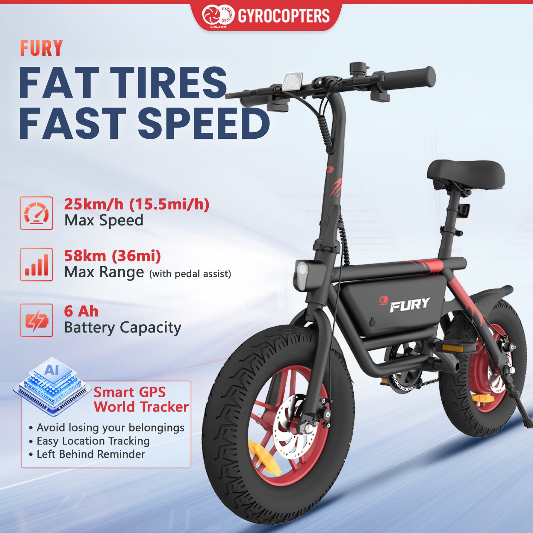 Gyrocopters Fury Electric Bike - All-Terrain Fat Tires