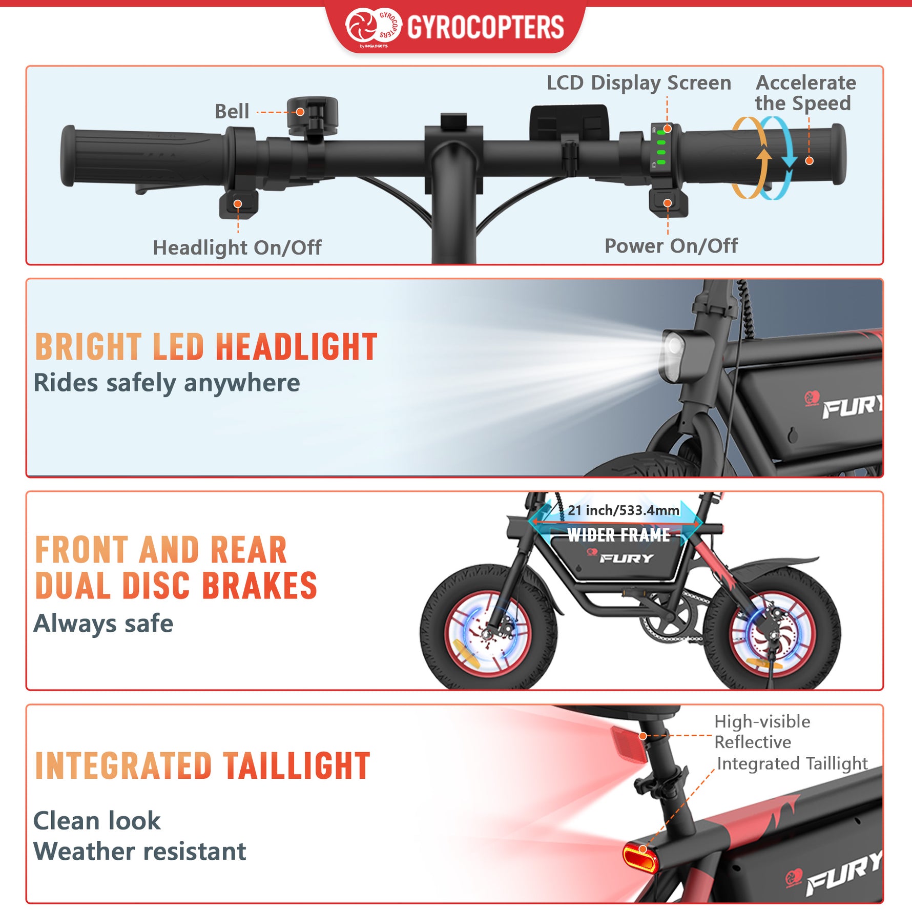 Gyrocopters Fury Electric Bike - All-Terrain Fat Tires