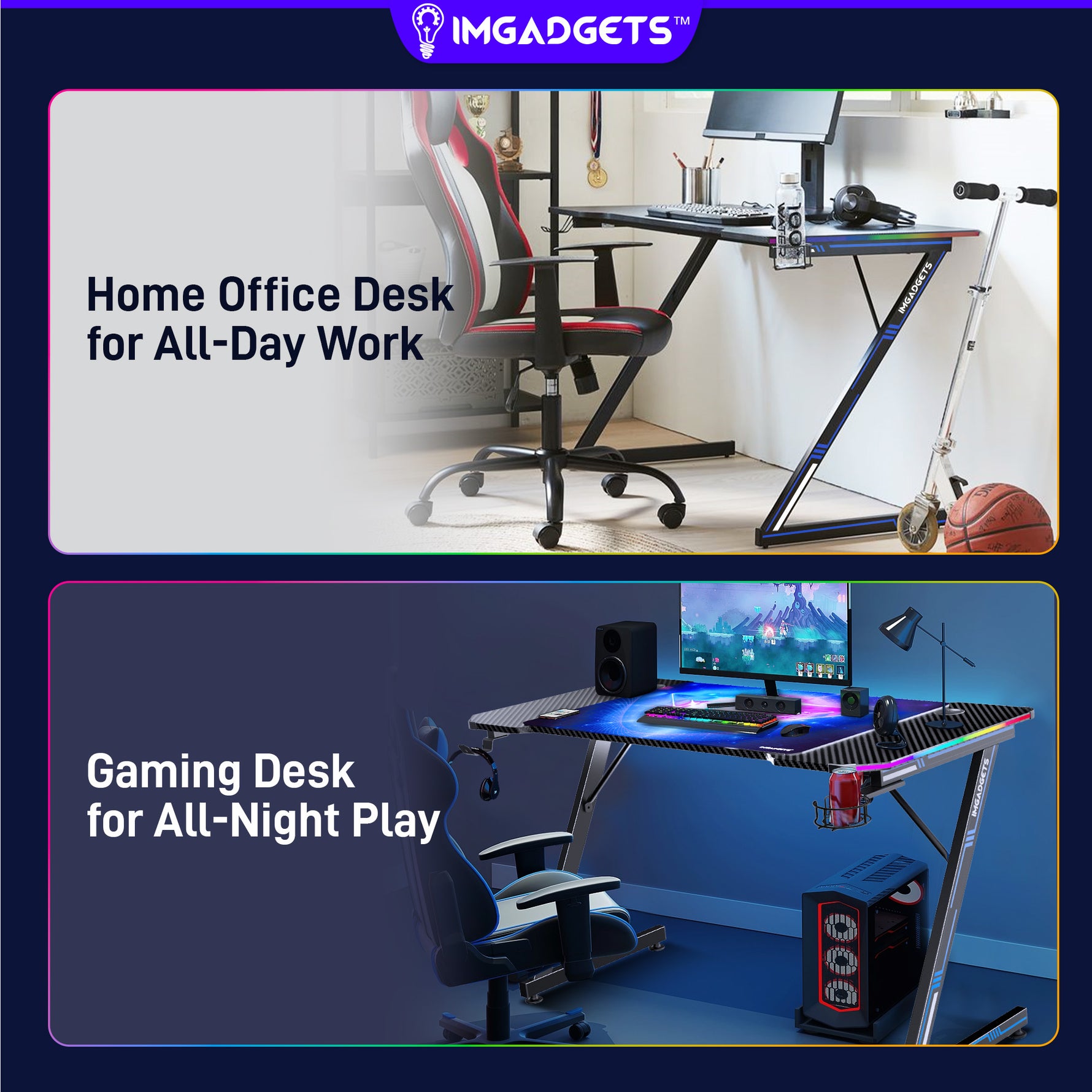 IMHome Z-Shaped 47" LED Gaming Desk