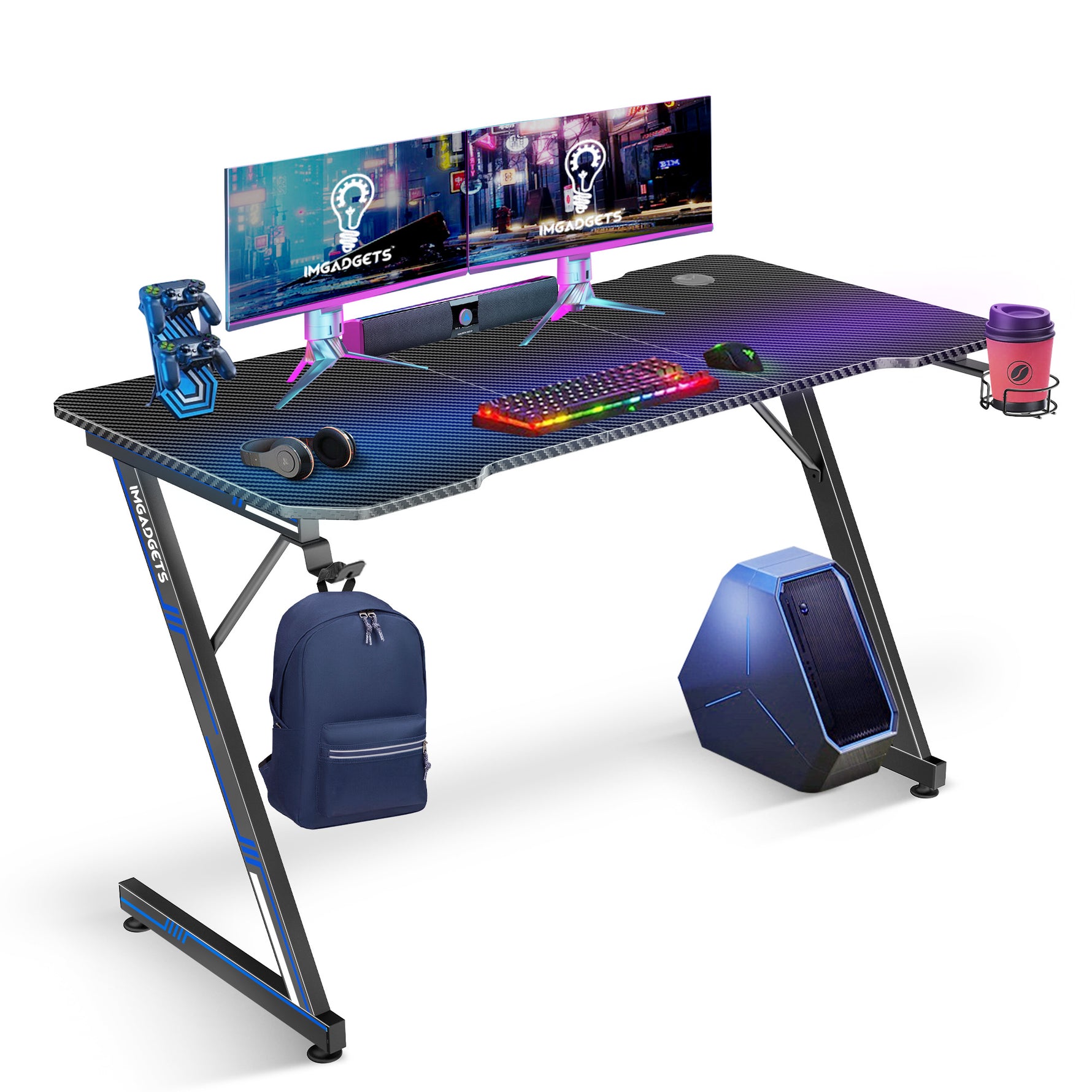 Bureau gaming en forme de Z IMGadgets | Surface en fibre de carbone 119 x 61 cm | Charge maximale 80 kg | Porte-gobelet | Crochet pour casque | Gestion des câbles | Expérience gaming ultime 
