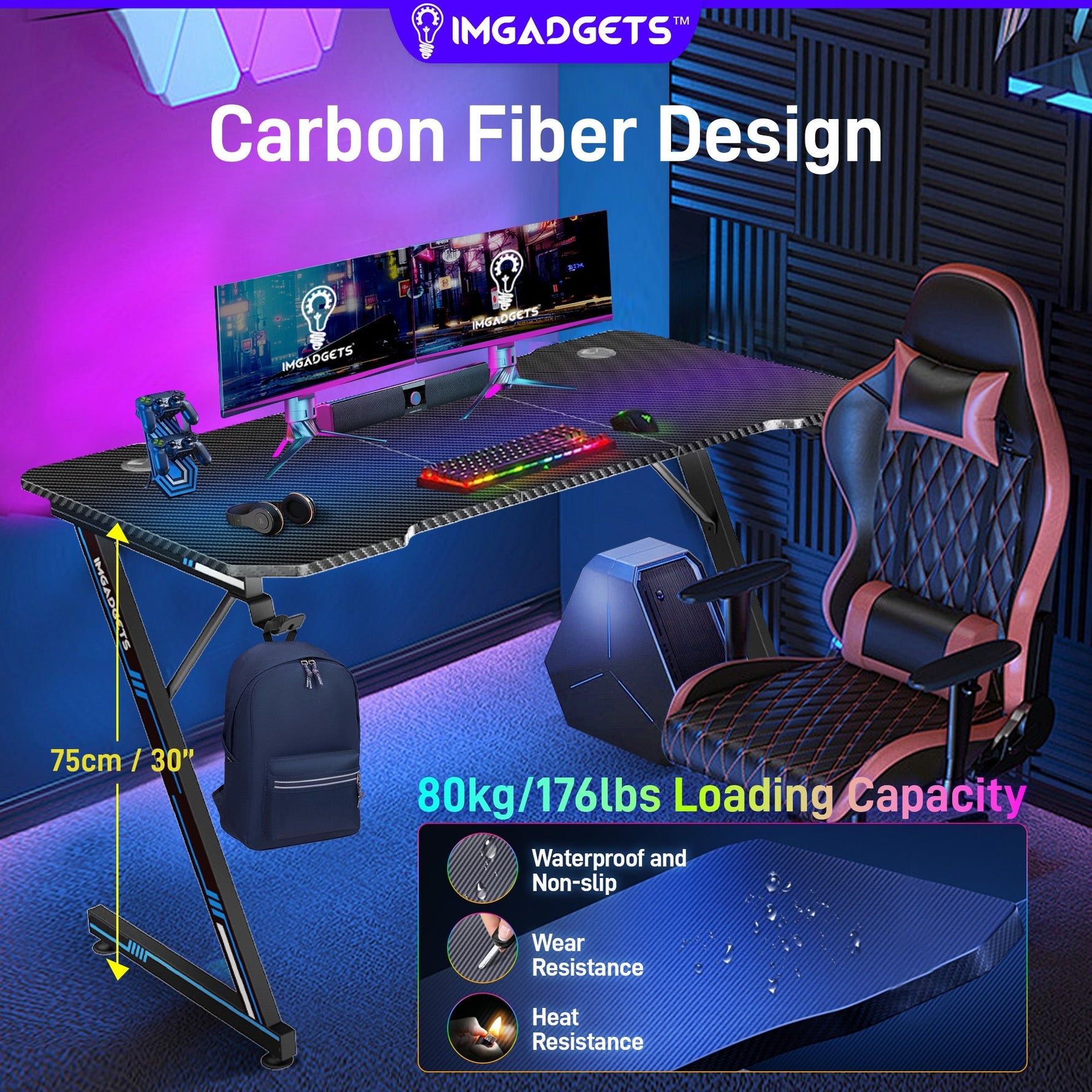 Bureau gaming en forme de Z IMGadgets | Surface en fibre de carbone 119 x 61 cm | Charge maximale 80 kg | Porte-gobelet | Crochet pour casque | Gestion des câbles | Expérience gaming ultime 