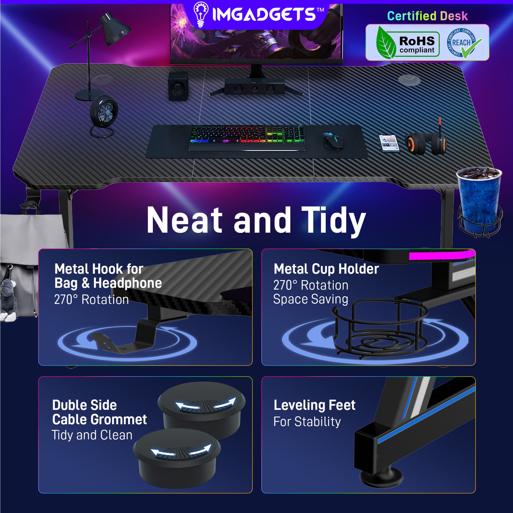 Bureau gaming en forme de Z IMGadgets | Surface en fibre de carbone 119 x 61 cm | Charge maximale 80 kg | Porte-gobelet | Crochet pour casque | Gestion des câbles | Expérience gaming ultime 