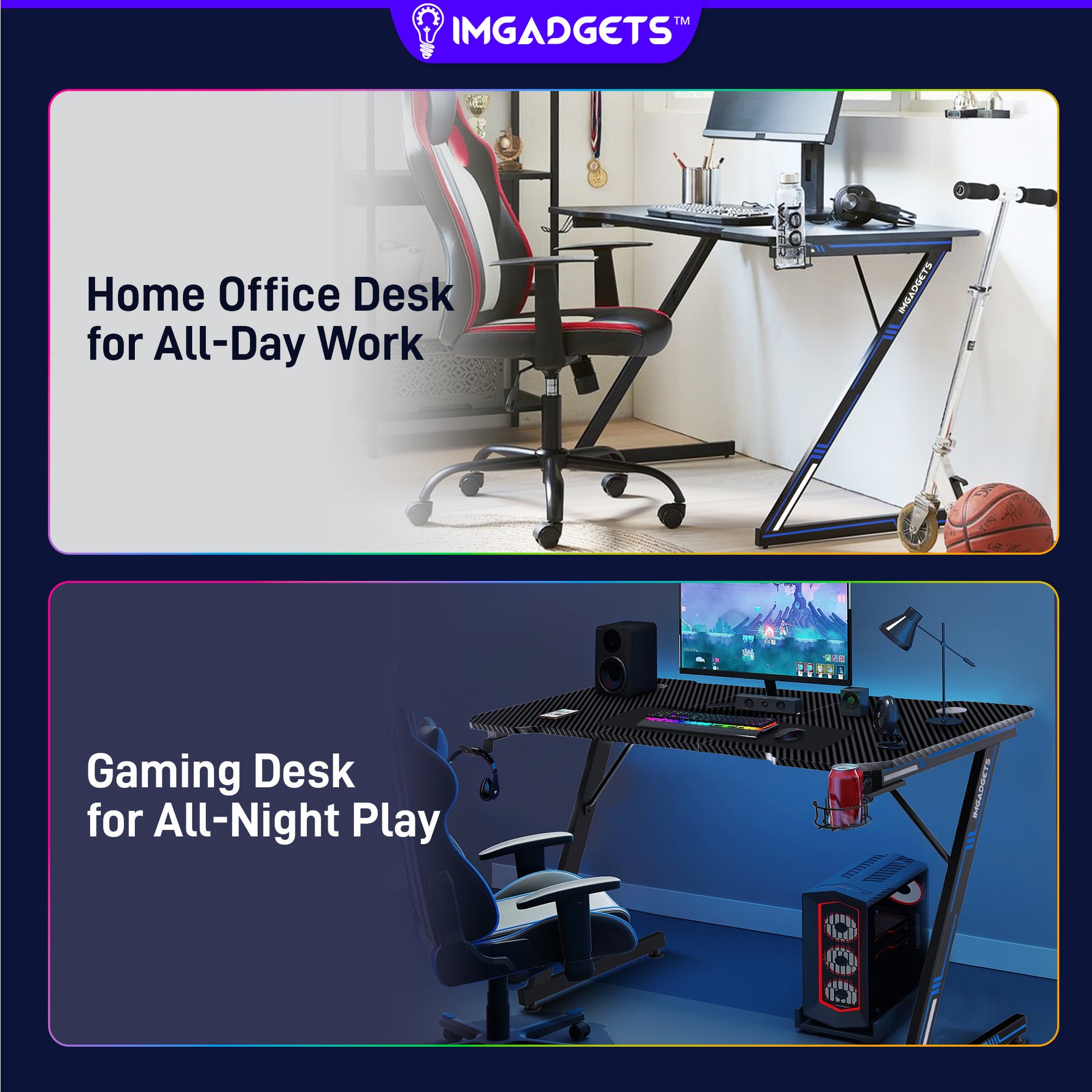 Bureau gaming en forme de Z IMGadgets | Surface en fibre de carbone 119 x 61 cm | Charge maximale 80 kg | Porte-gobelet | Crochet pour casque | Gestion des câbles | Expérience gaming ultime 