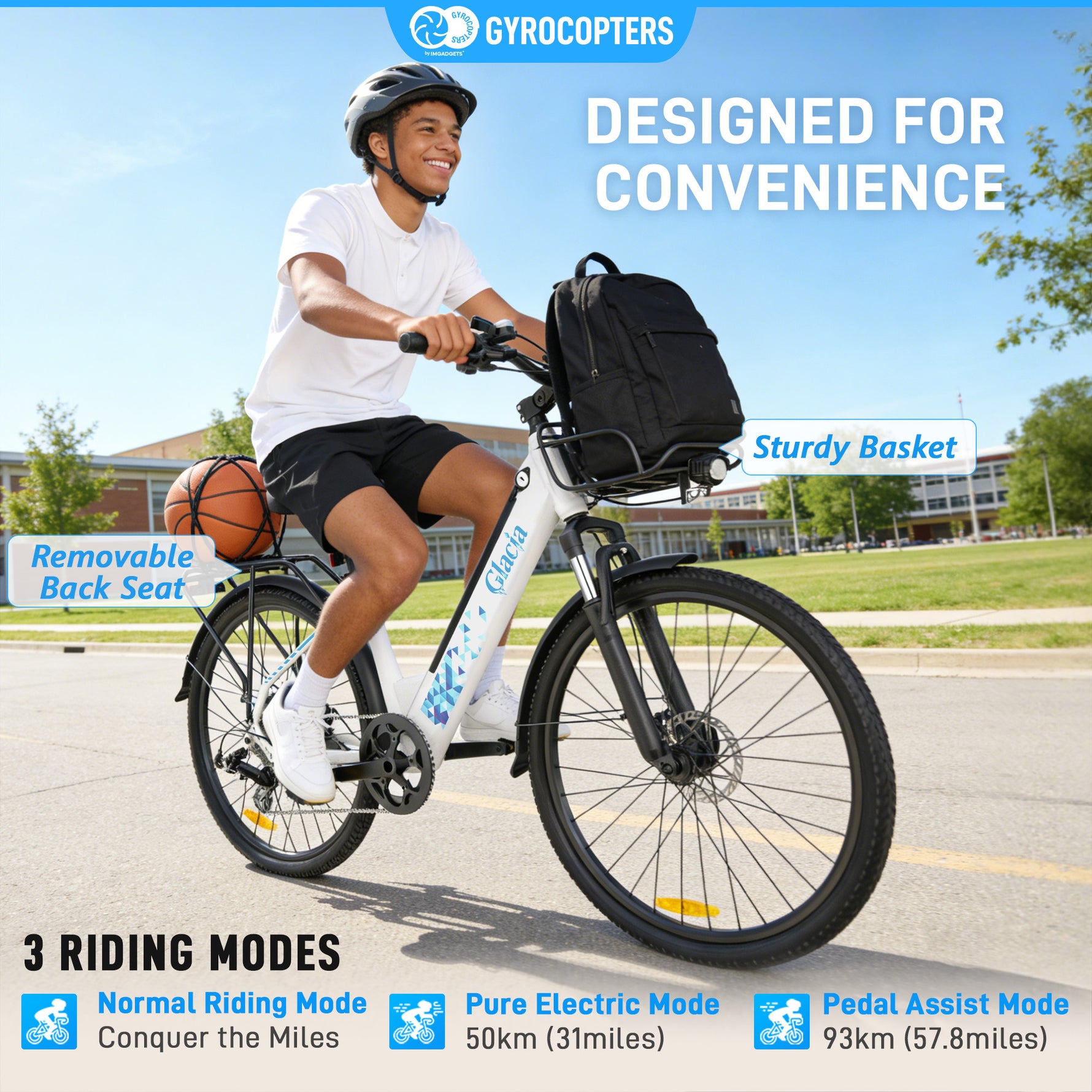 Gyrocopters Glacia E-Bike - 93 km PAS Range, 650W Peak Power