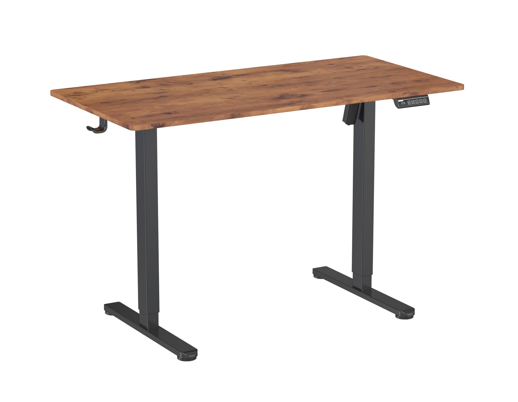 Wooden desk with black metal legs on a white background