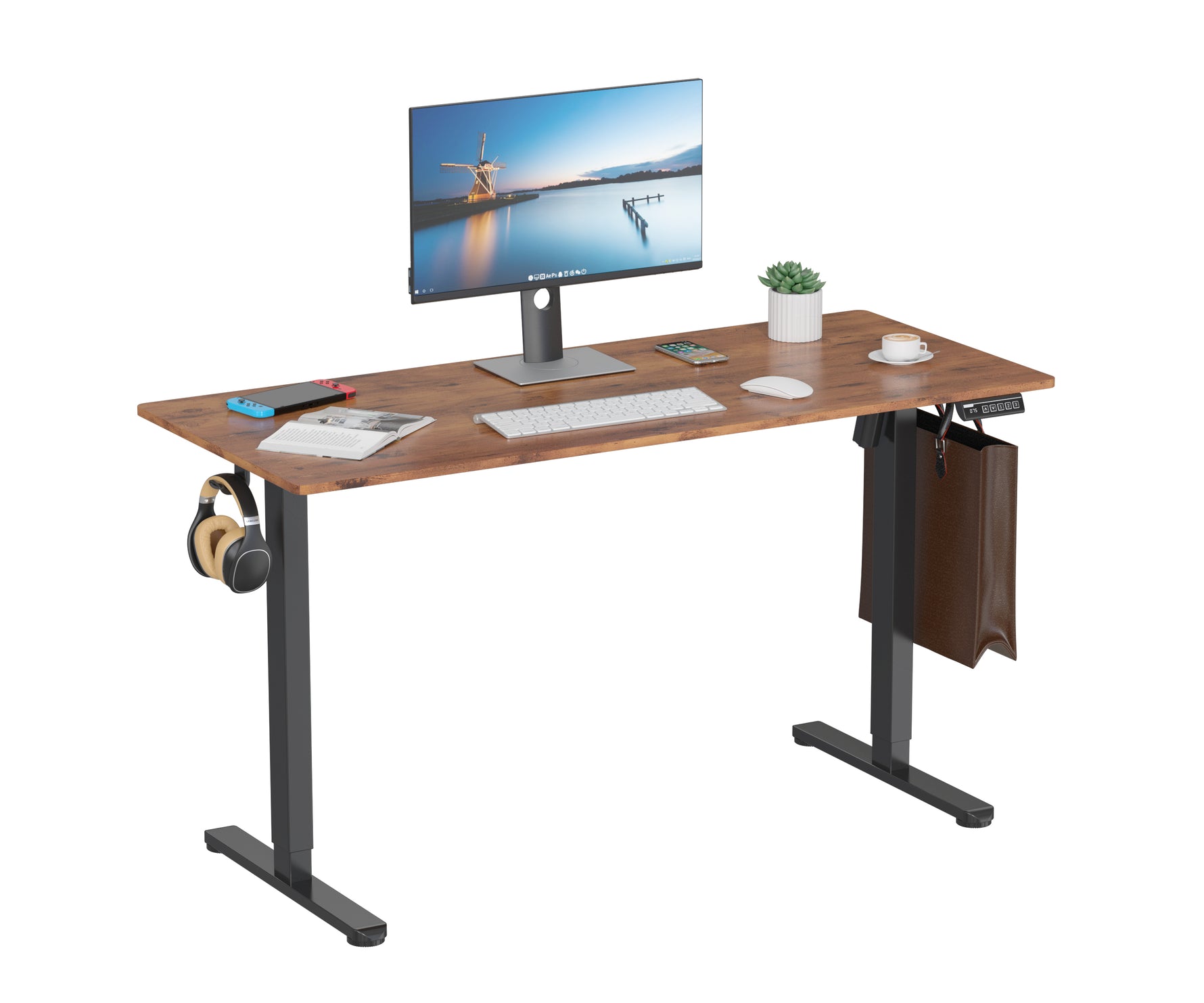 Wooden desk with computer setup on a white background