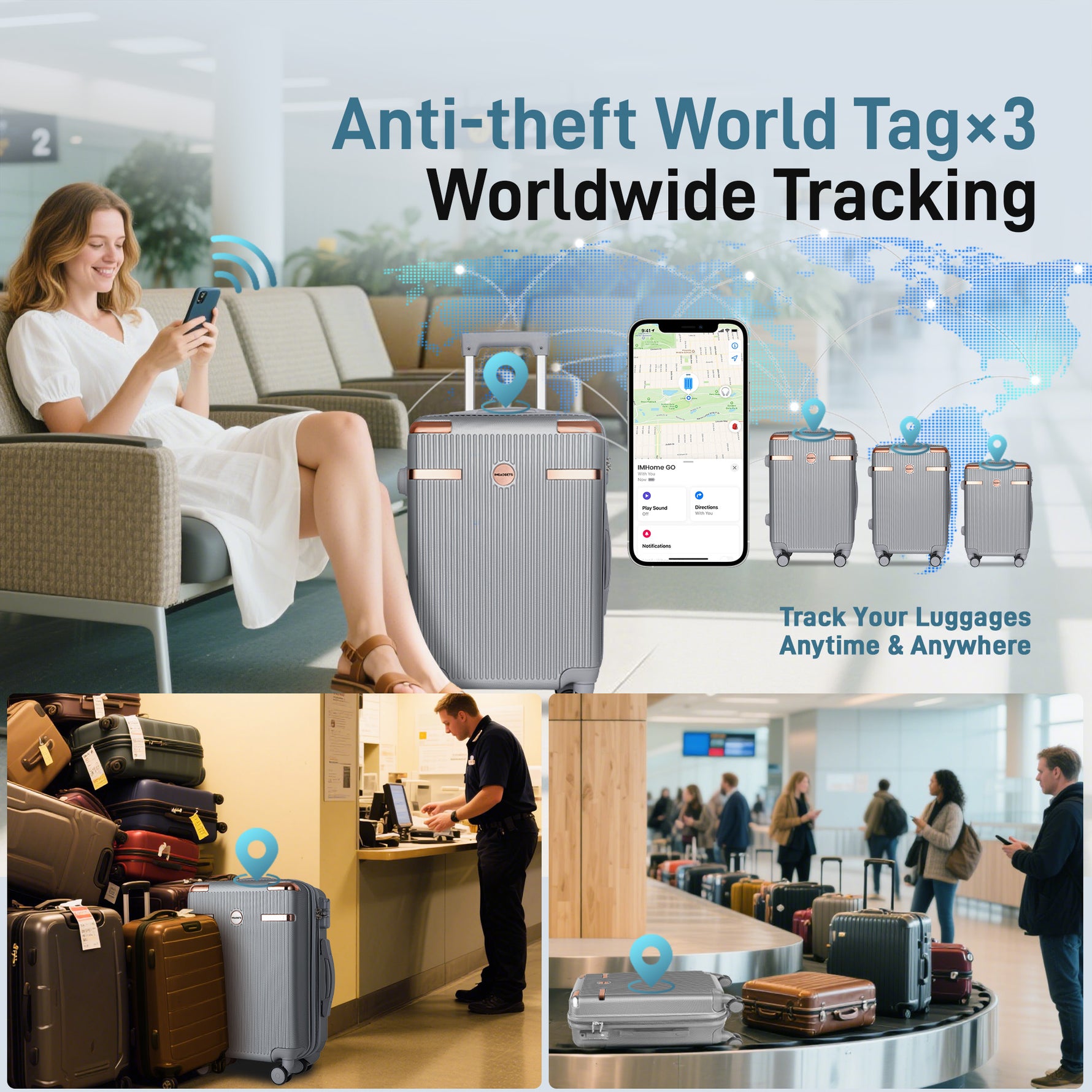 Ensemble de bagages IMGadgets Go (3 pièces) | Polycarbonate ABS léger et résistant | 4 roues doubles multidirectionnelles à 360° | Cadenas homologué TSA | 3 balises GPS intelligentes | Design spacieux | Poignée télescopique en fer 