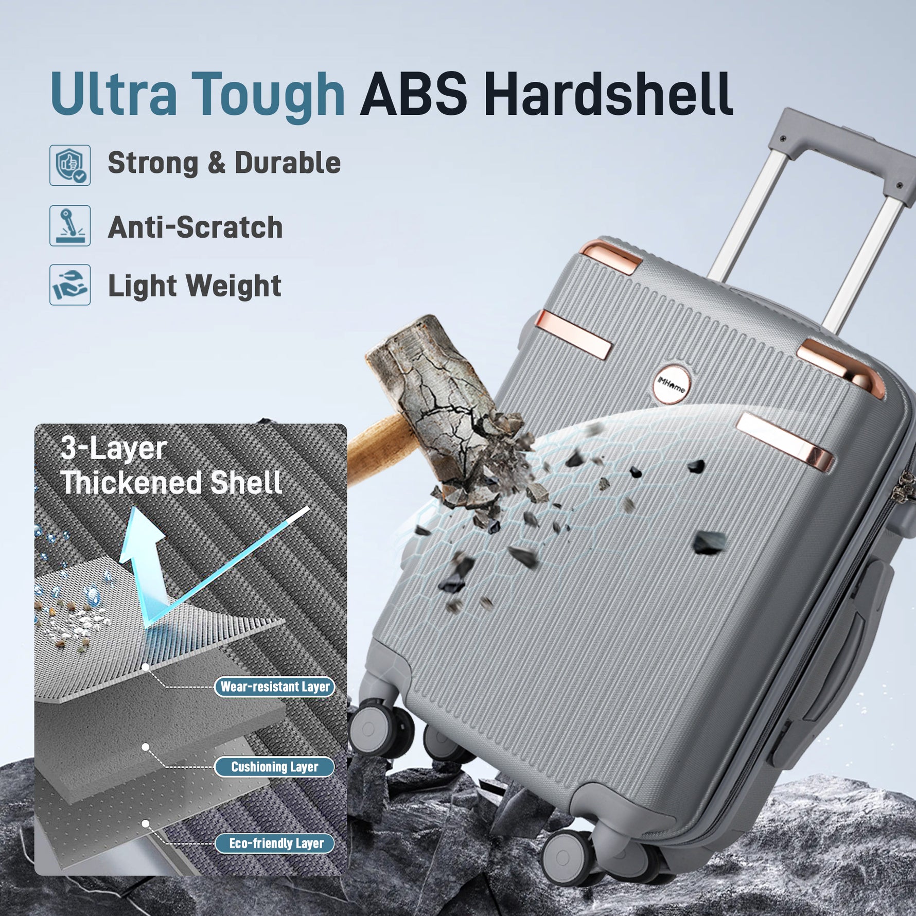 Ensemble de bagages IMGadgets Go (3 pièces) | Polycarbonate ABS léger et résistant | 4 roues doubles multidirectionnelles à 360° | Cadenas homologué TSA | 3 balises GPS intelligentes | Design spacieux | Poignée télescopique en fer 